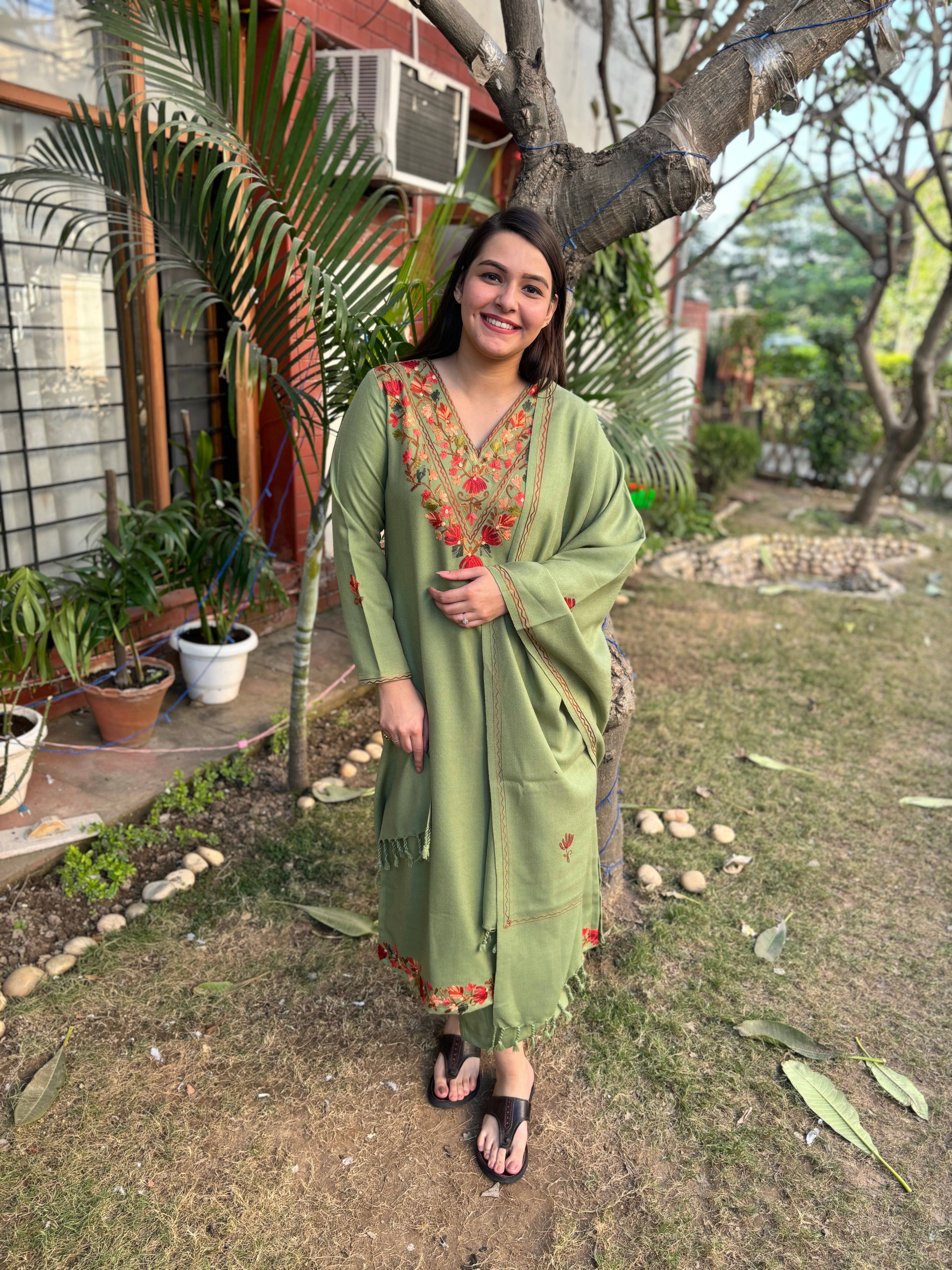 Pista green embroidered woollen suit set