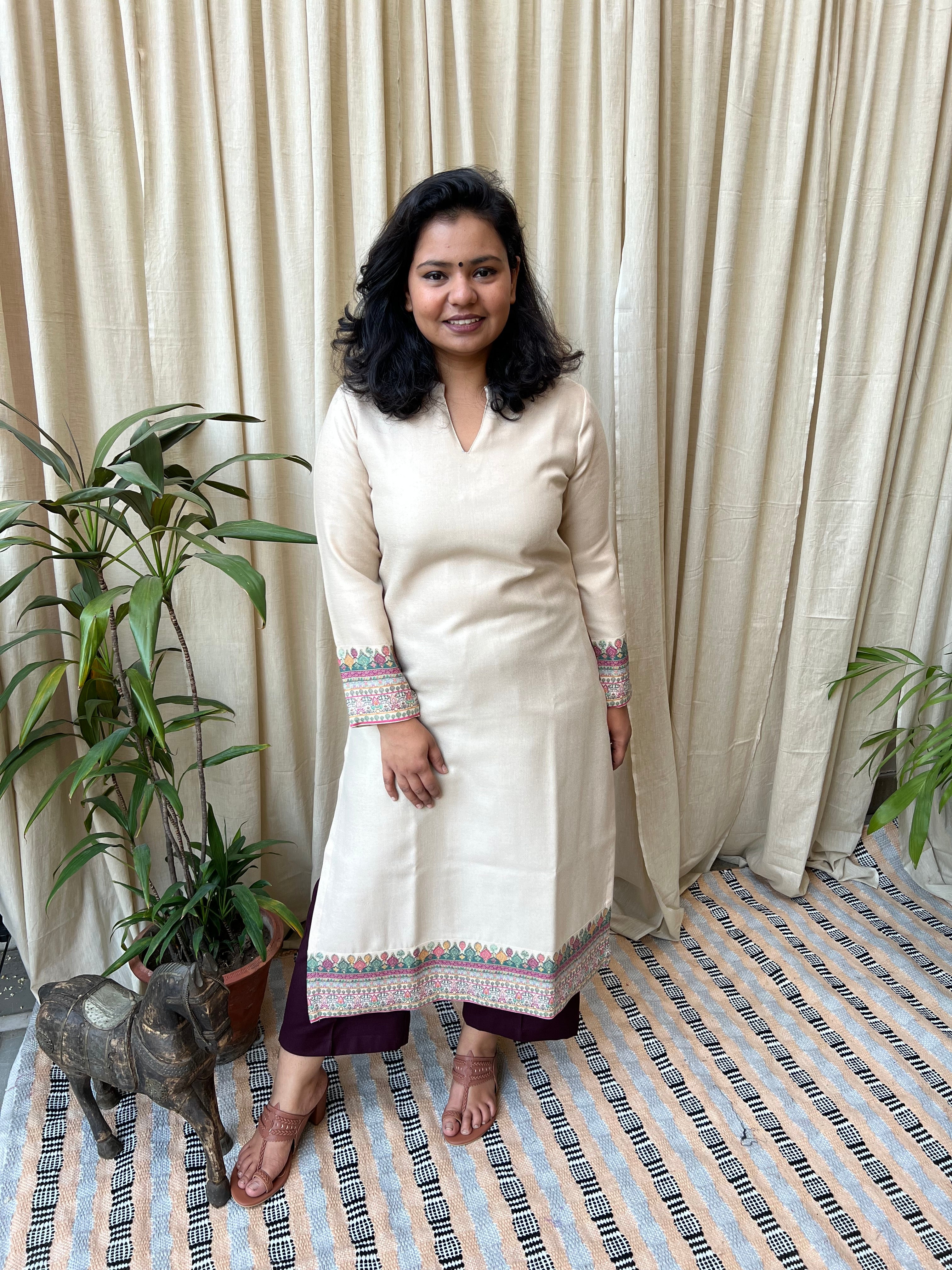 Cream border woollen kurta