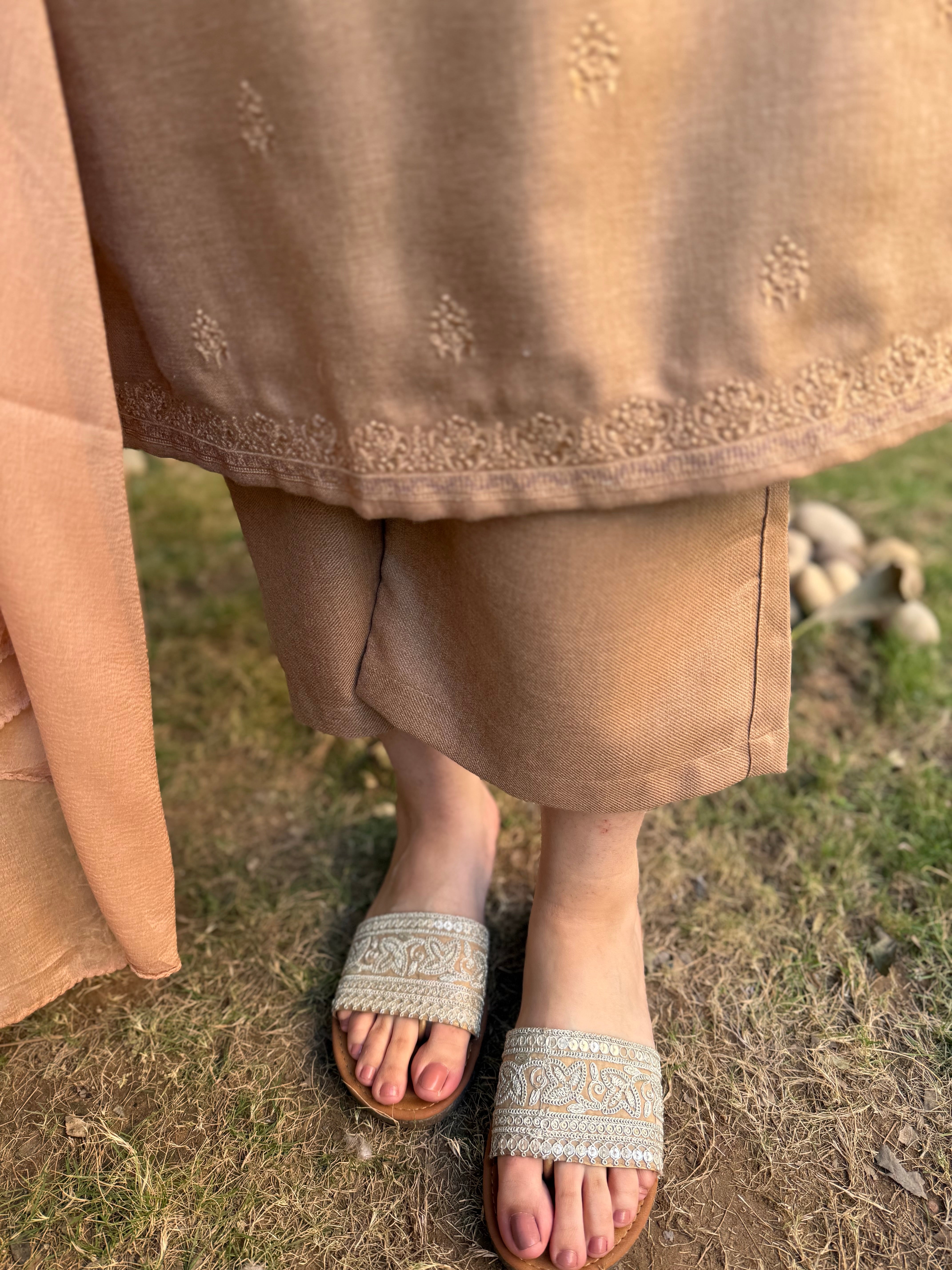 Soft brown embroidered woollen suit set