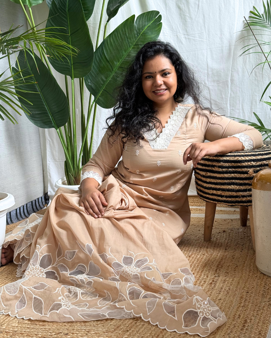 Beige Embroidered Kurta with Mulmul Patchwork Dupatta