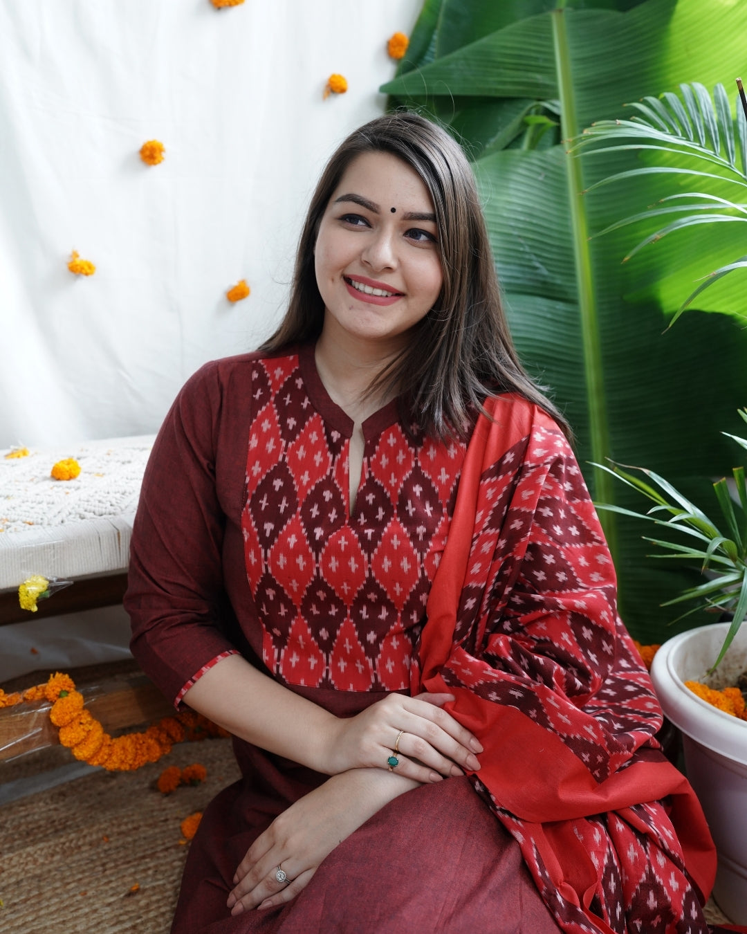 Maroon Ikkat Yoke Kurta Dupatta Set