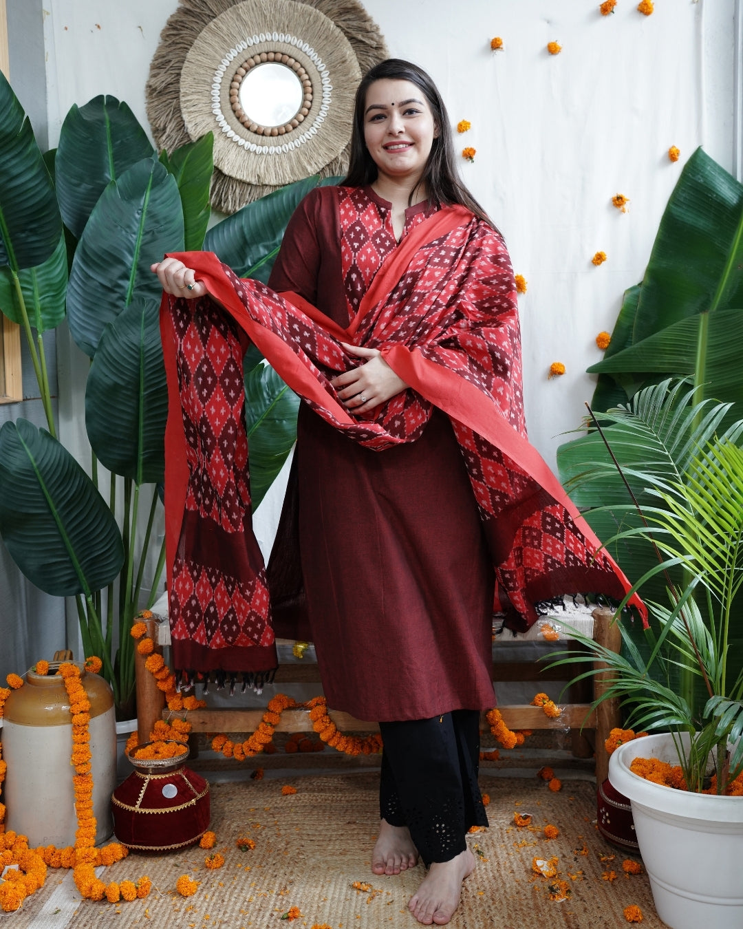 Maroon Ikkat Yoke Kurta Dupatta Set