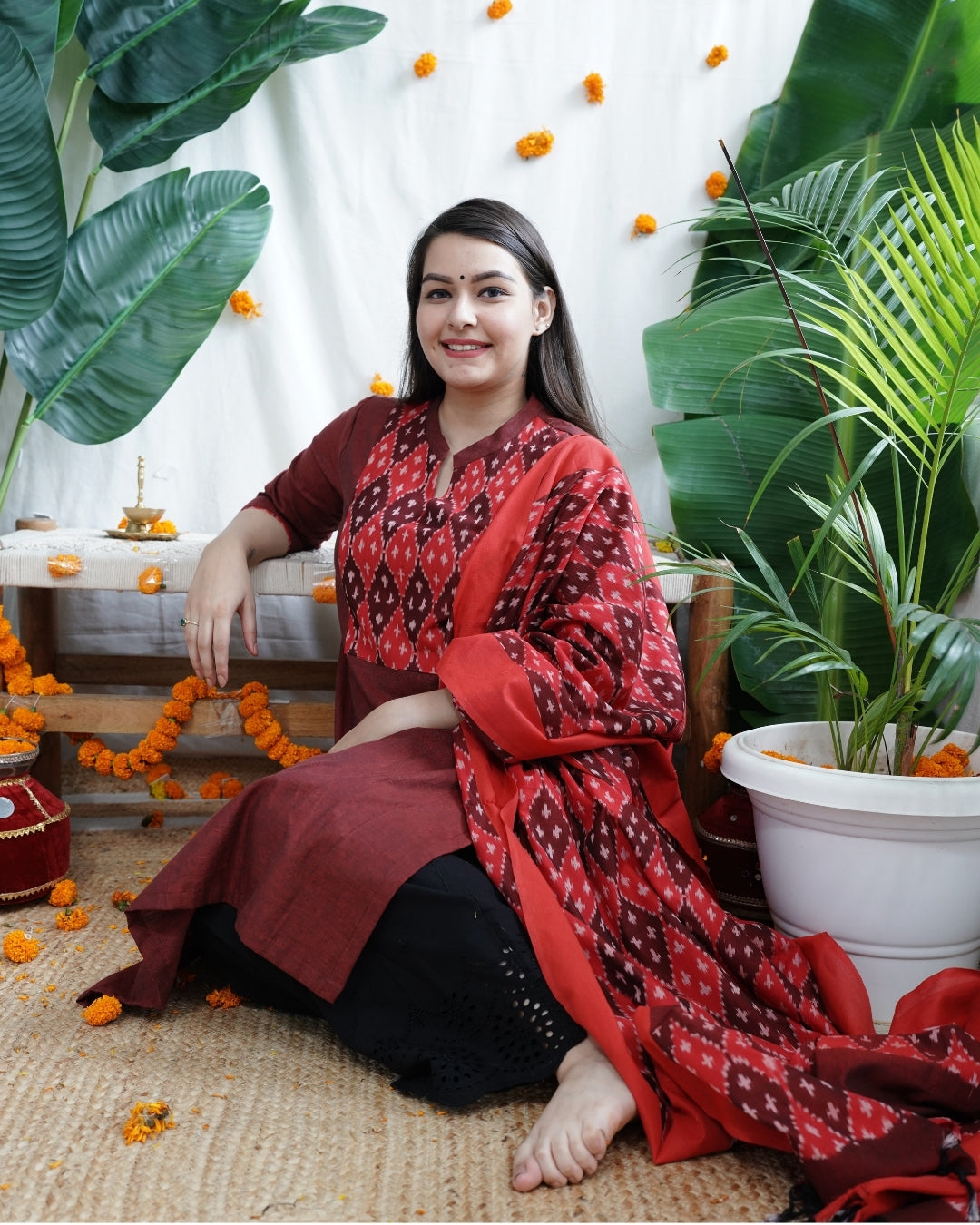 Maroon Ikkat Yoke Kurta Dupatta Set