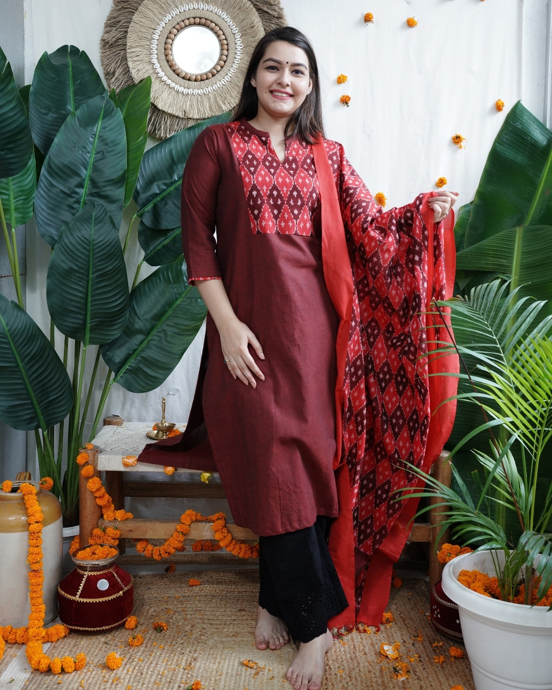Maroon Ikkat Yoke Kurta Dupatta Set