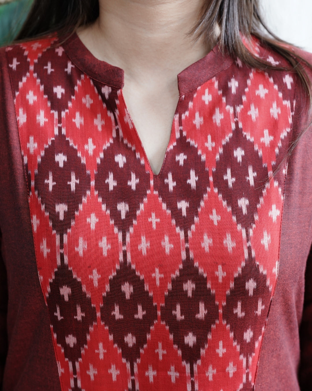 Maroon Ikkat Yoke Kurta Dupatta Set