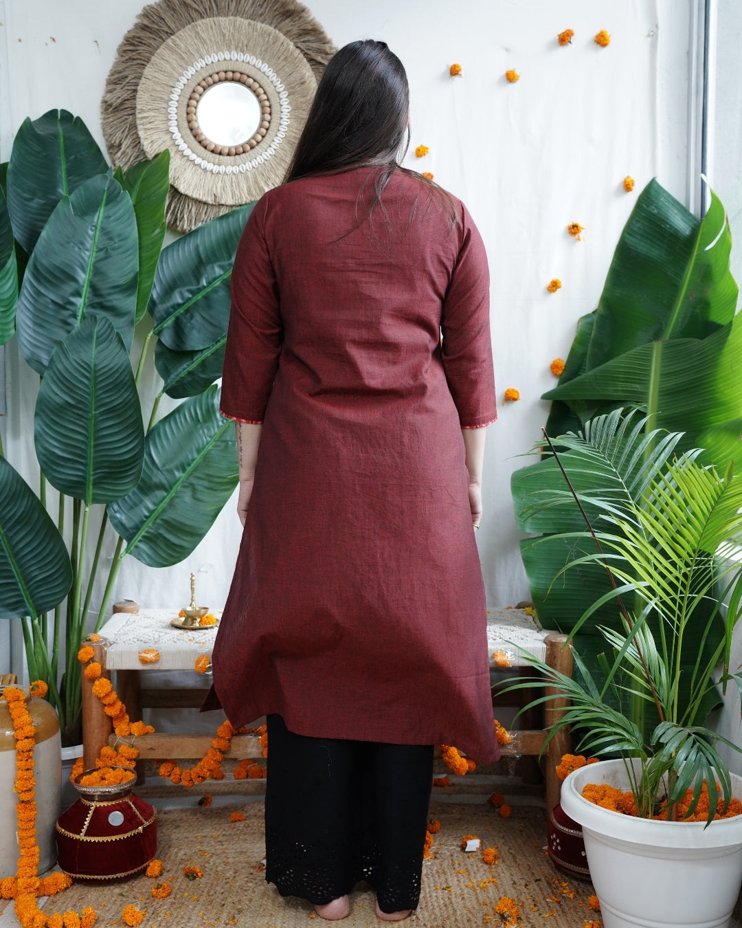 Maroon Ikkat Yoke Kurta Dupatta Set