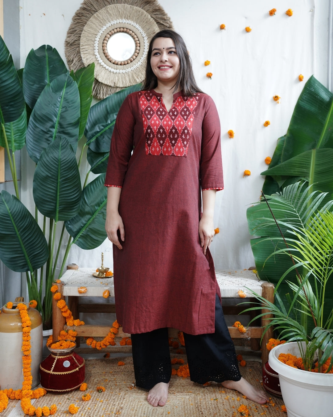 Maroon Ikkat Yoke Kurta Dupatta Set