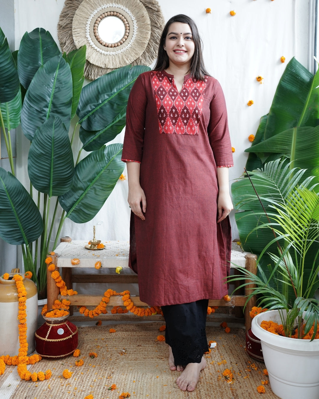 Maroon Ikkat Yoke Kurta Dupatta Set