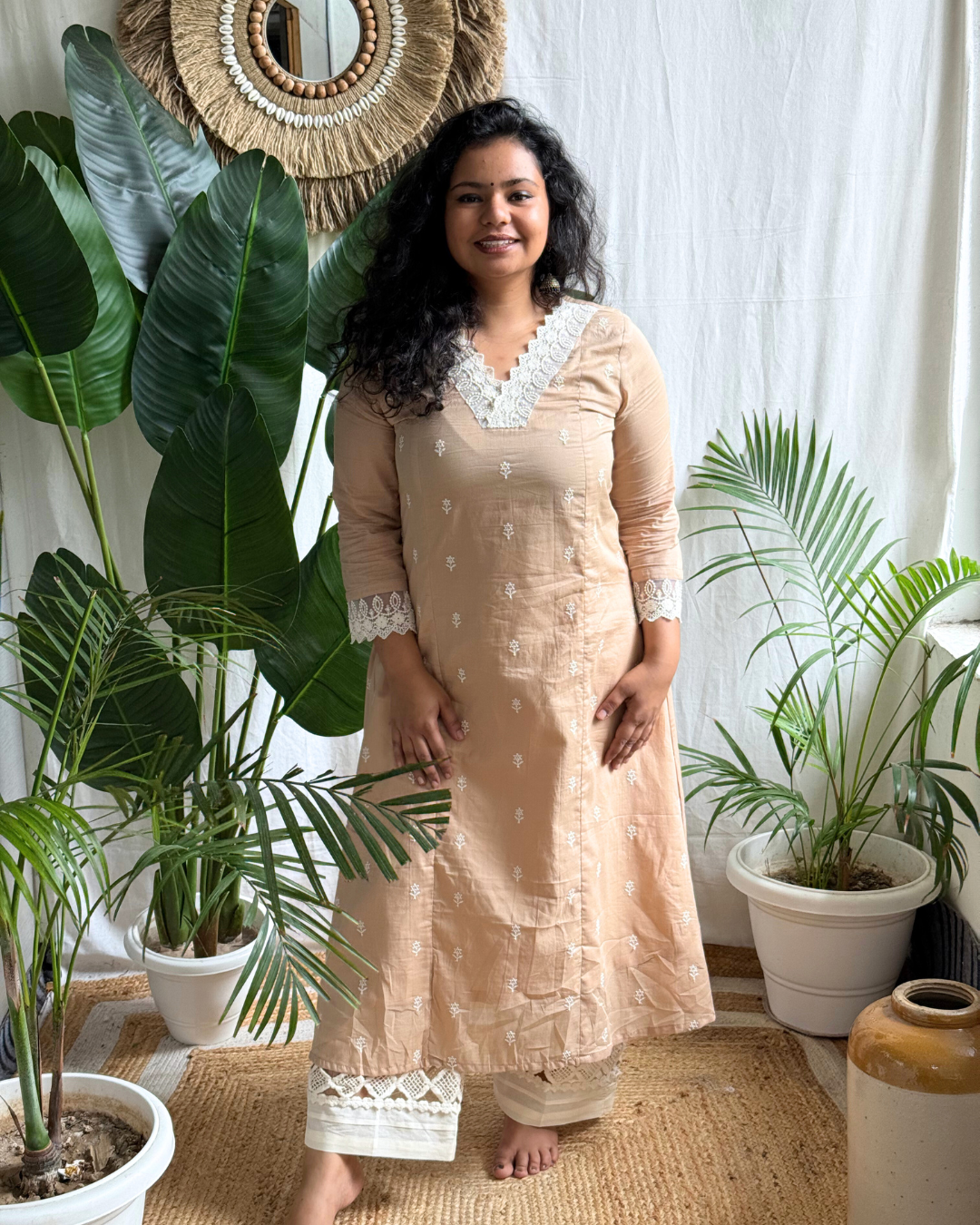 Beige Embroidered Kurta with Mulmul Patchwork Dupatta