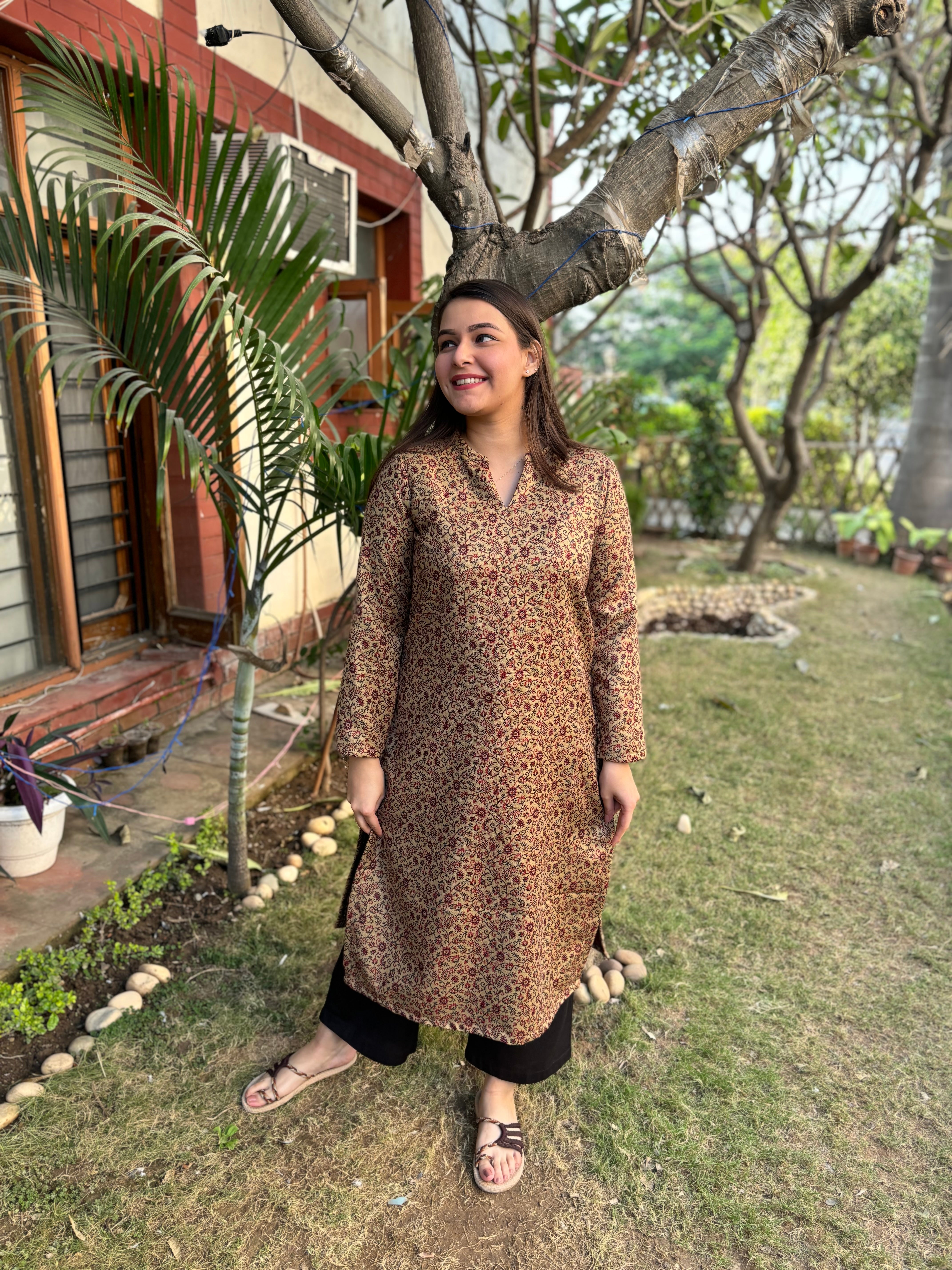 Cream floral woollen Kurta
