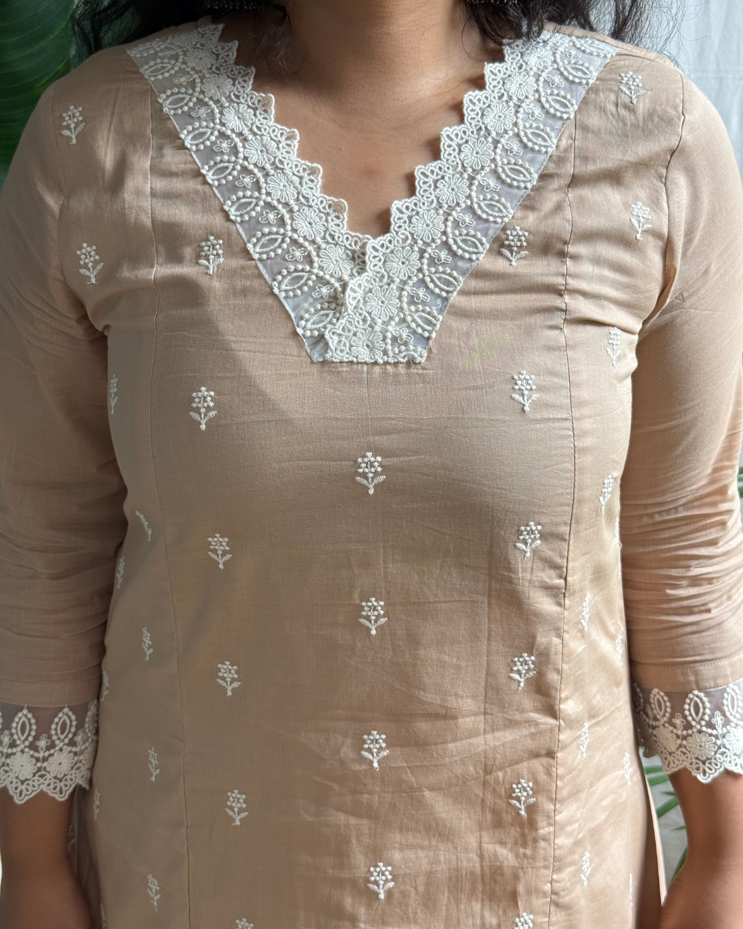 Beige Embroidered Kurta with Mulmul Patchwork Dupatta