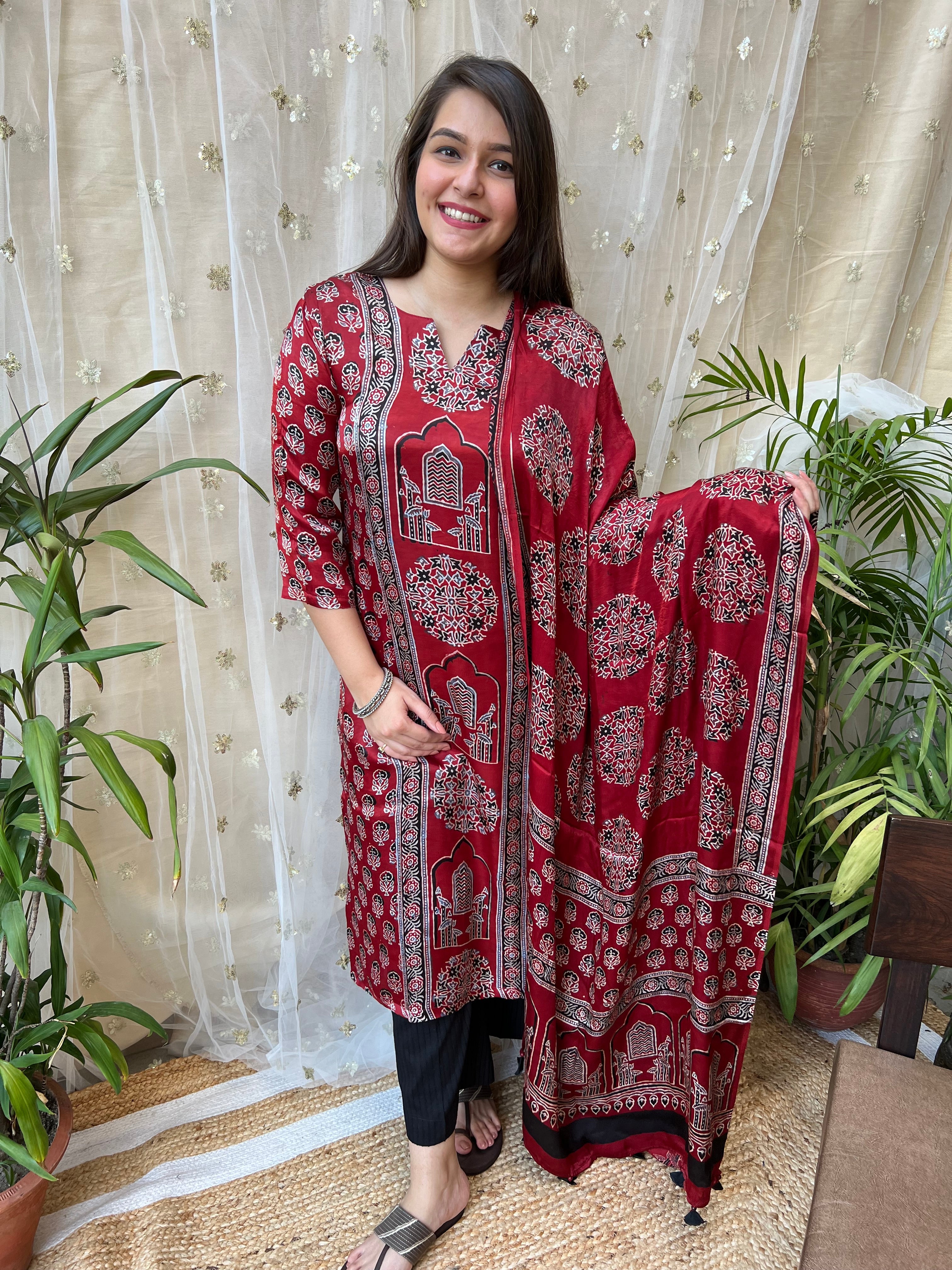 Maroon minar Premium Modal Silk Kurta Duppata Set