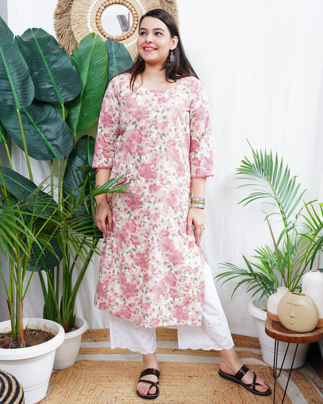 Pink floral kurta duppata set