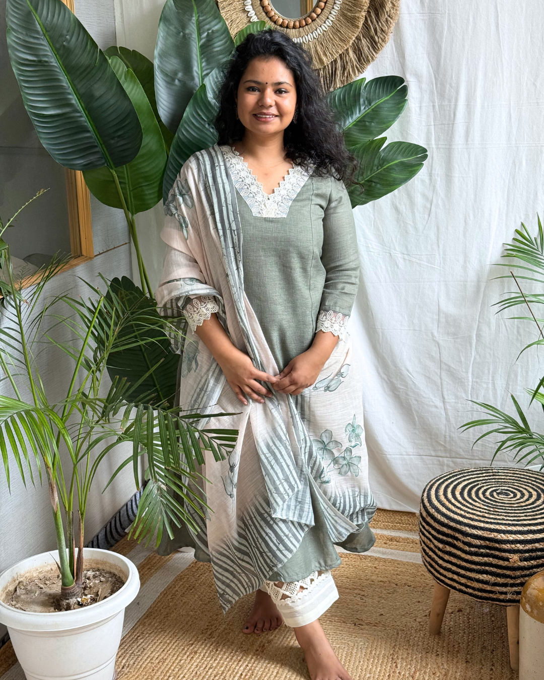Olive Green A-line Kurta with Mulmul Dupatta