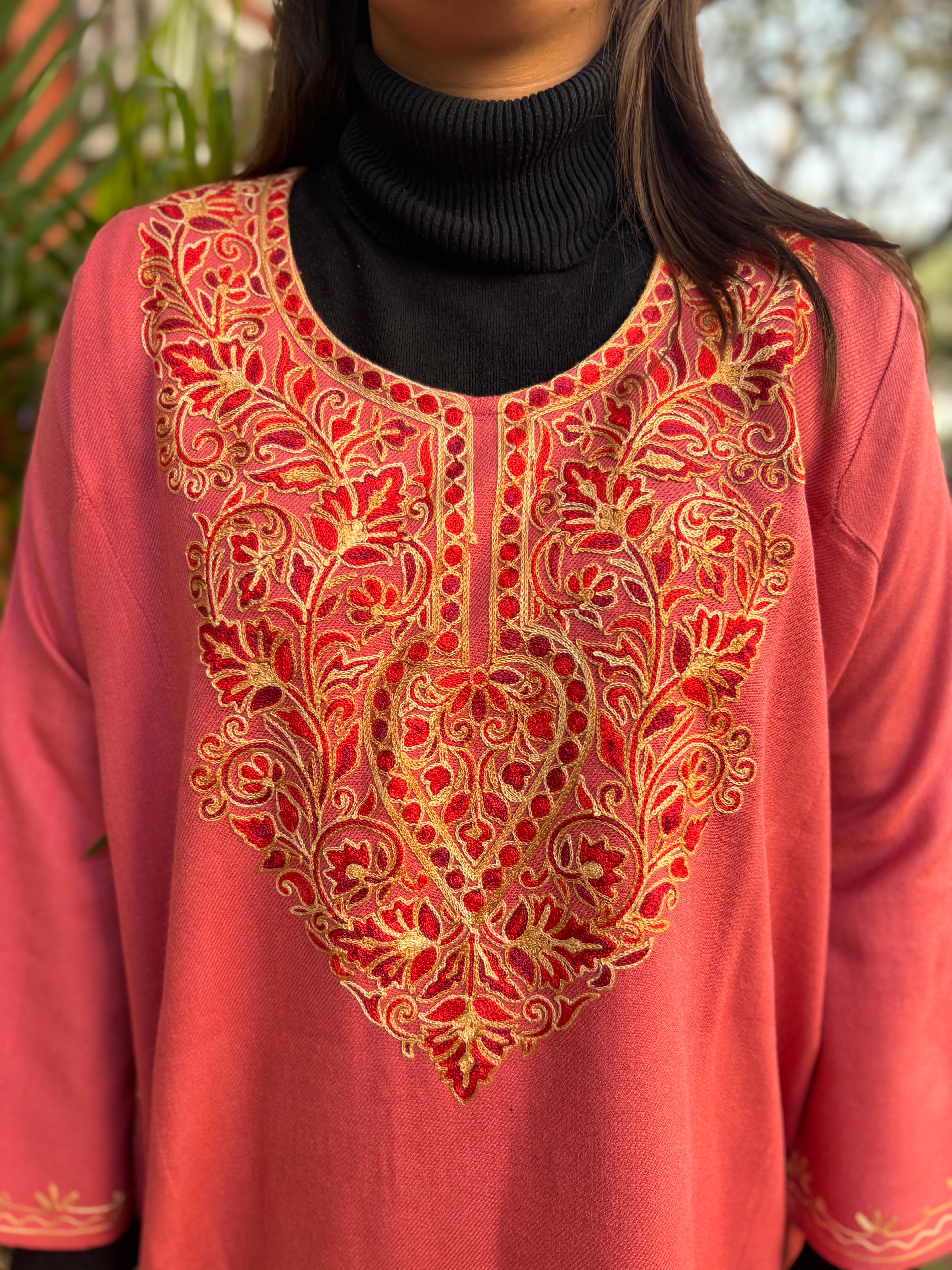 Peach embroidered Phiran (Loose fitting)