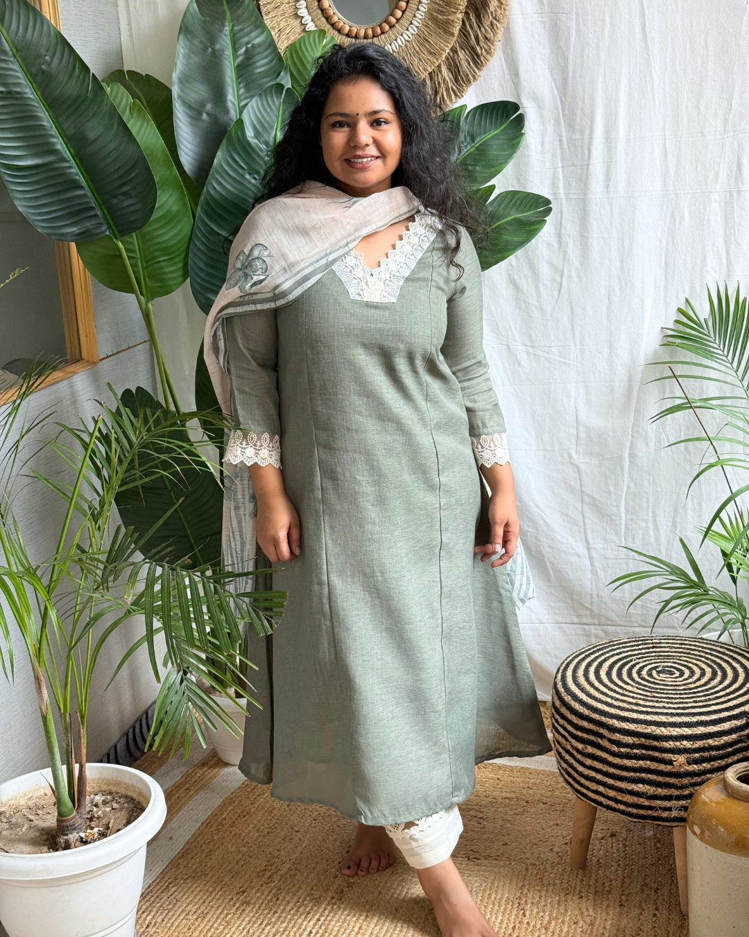Olive Green A-line Kurta with Mulmul Dupatta