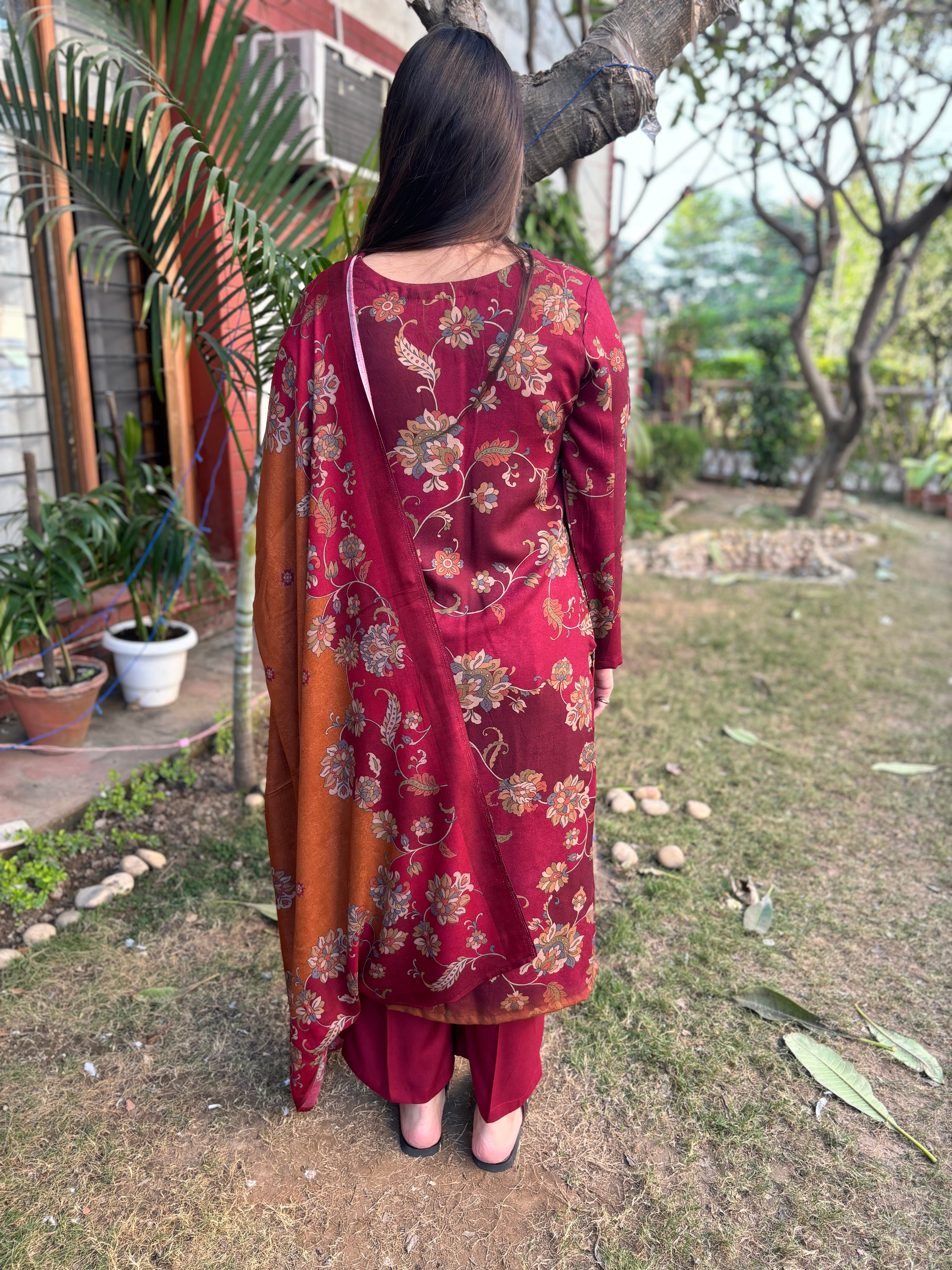Maroon Floral Spun suit set