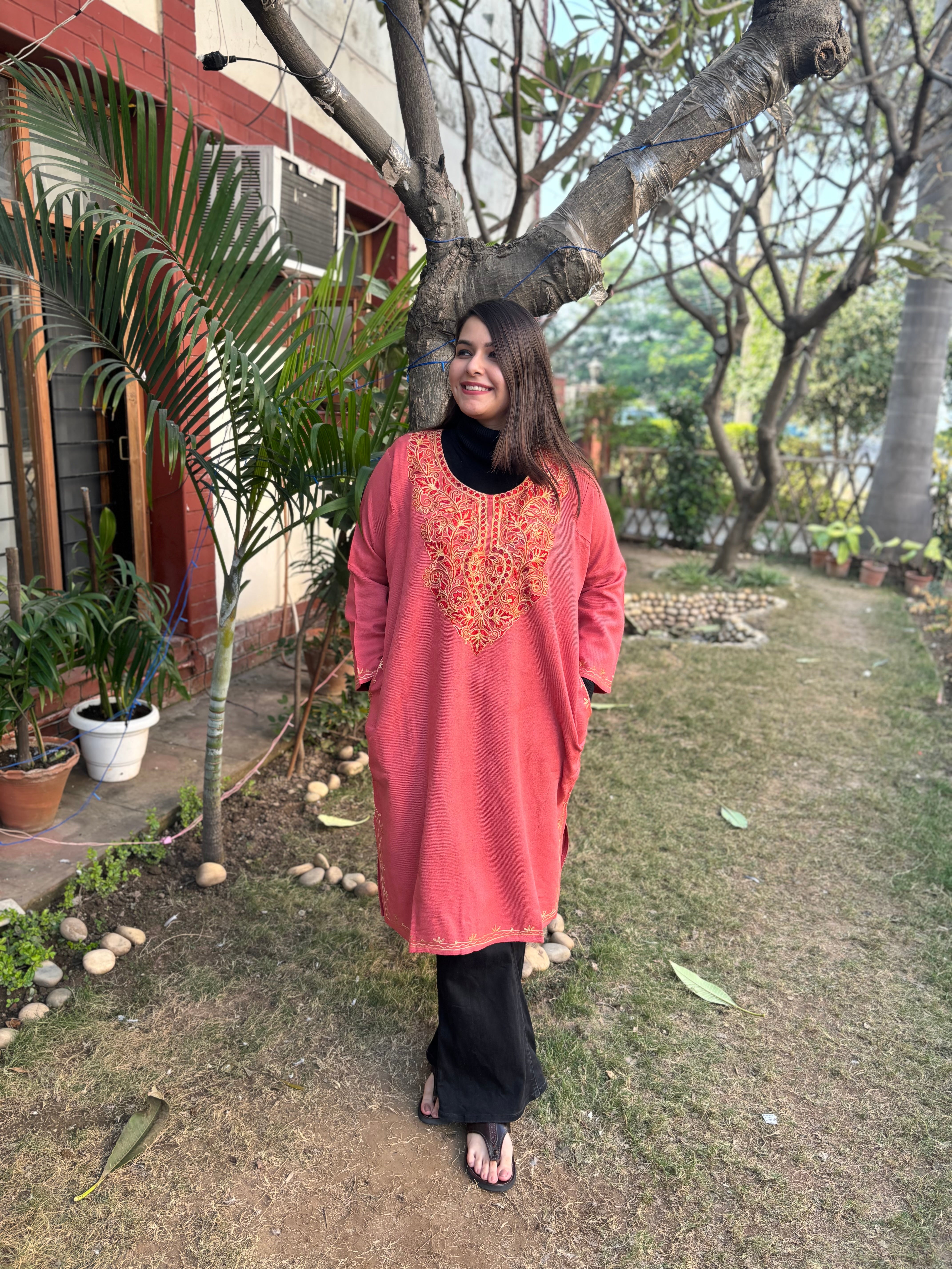 Peach embroidered Phiran (Loose fitting)
