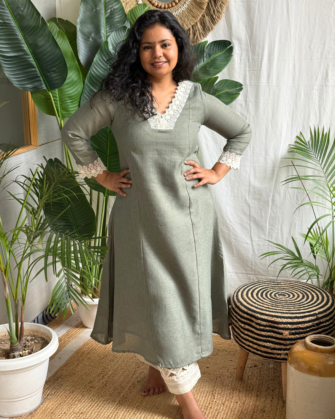 Olive Green A-line Kurta with Mulmul Dupatta