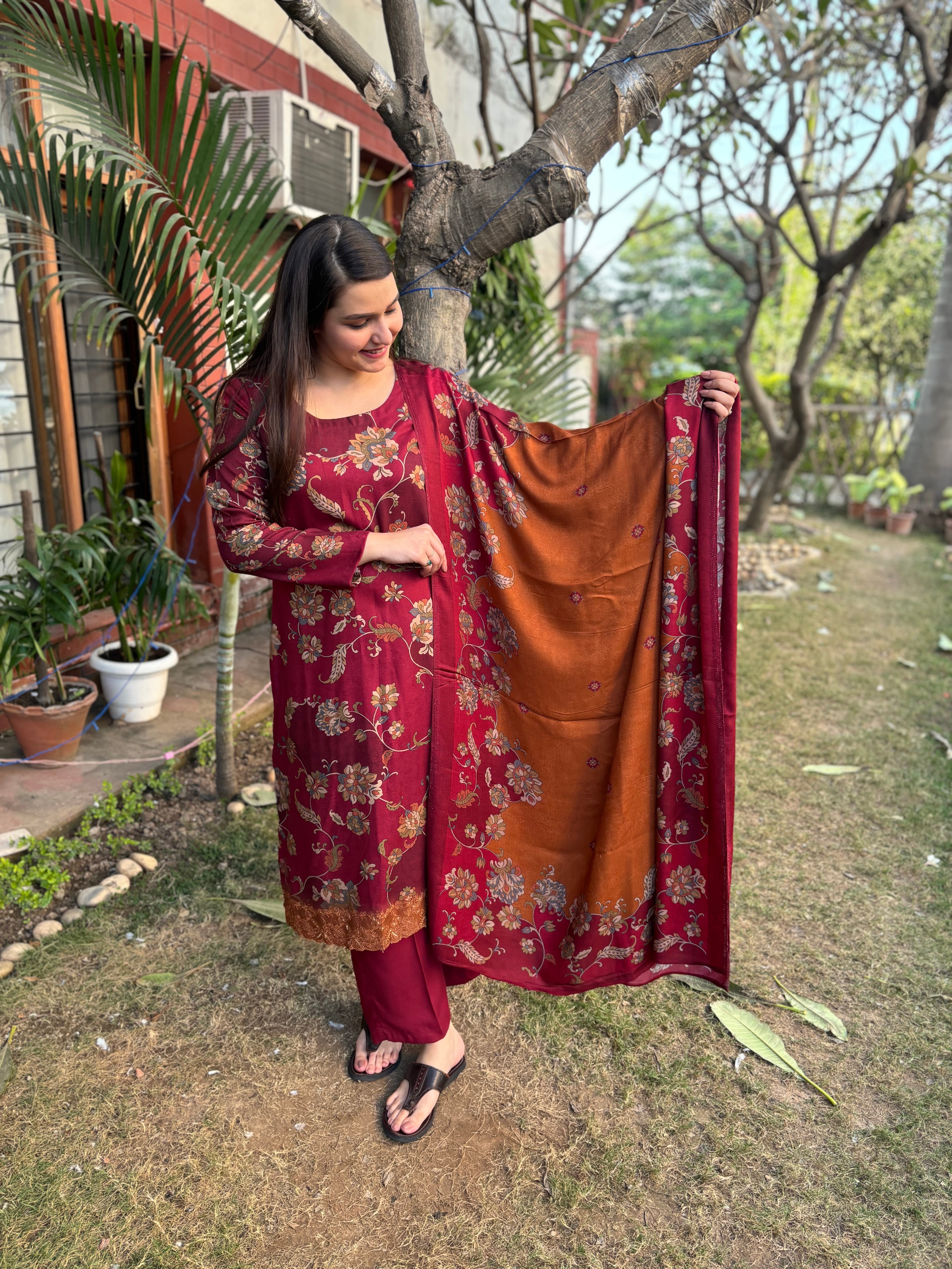 Maroon Floral Spun suit set