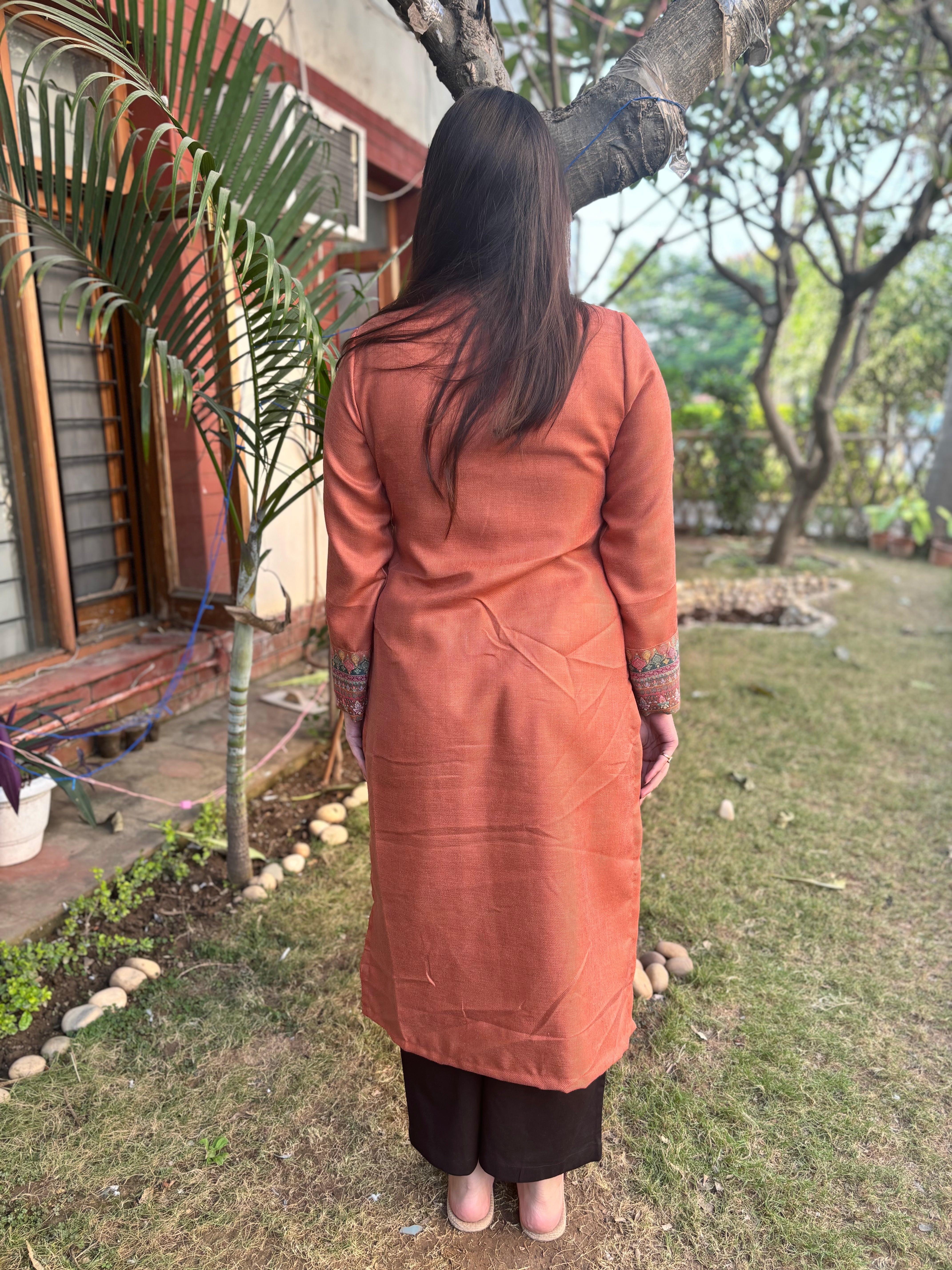 Rust border woollen kurta
