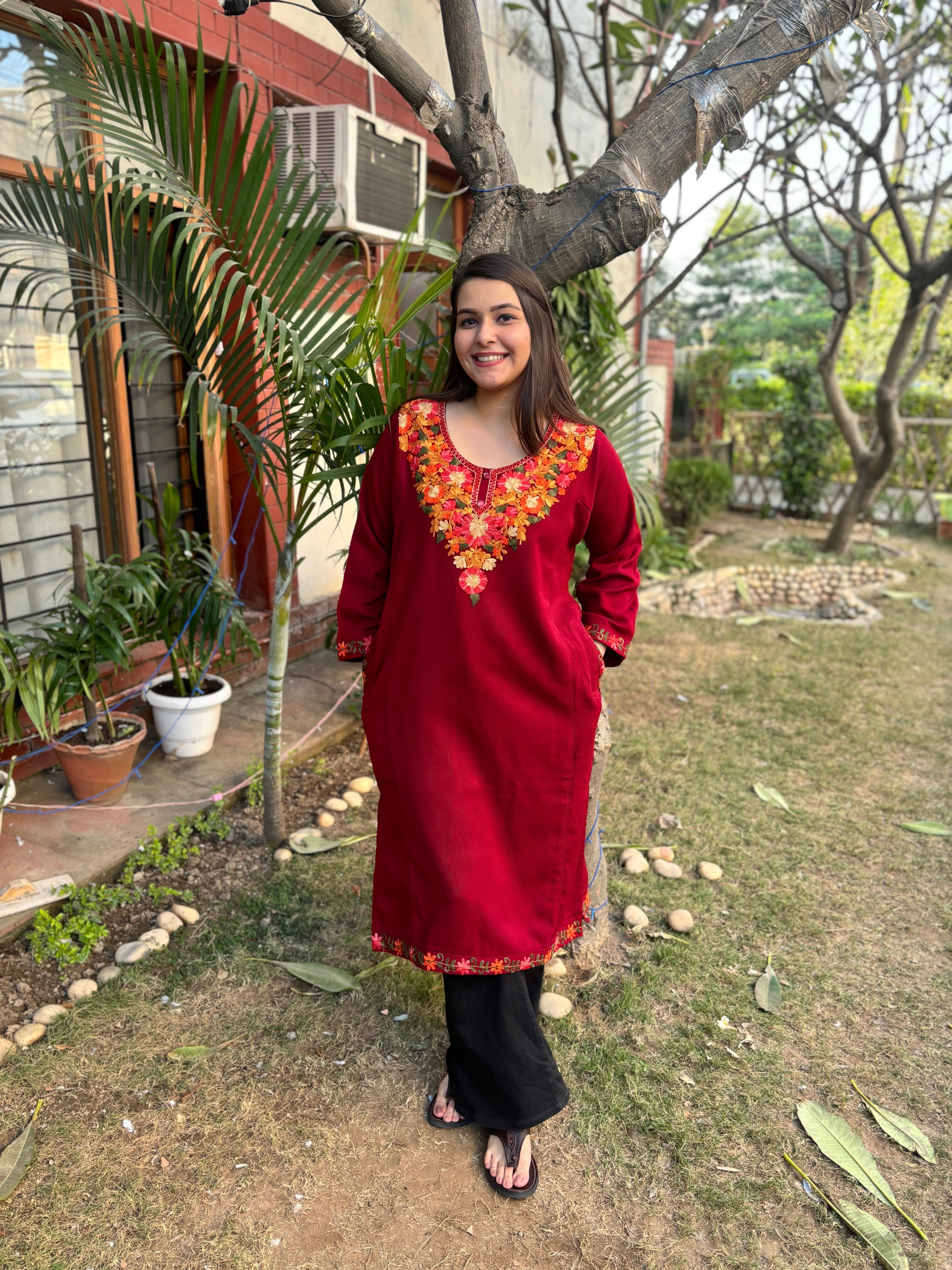 Maroon embroidered Phiran (Loose fitting)