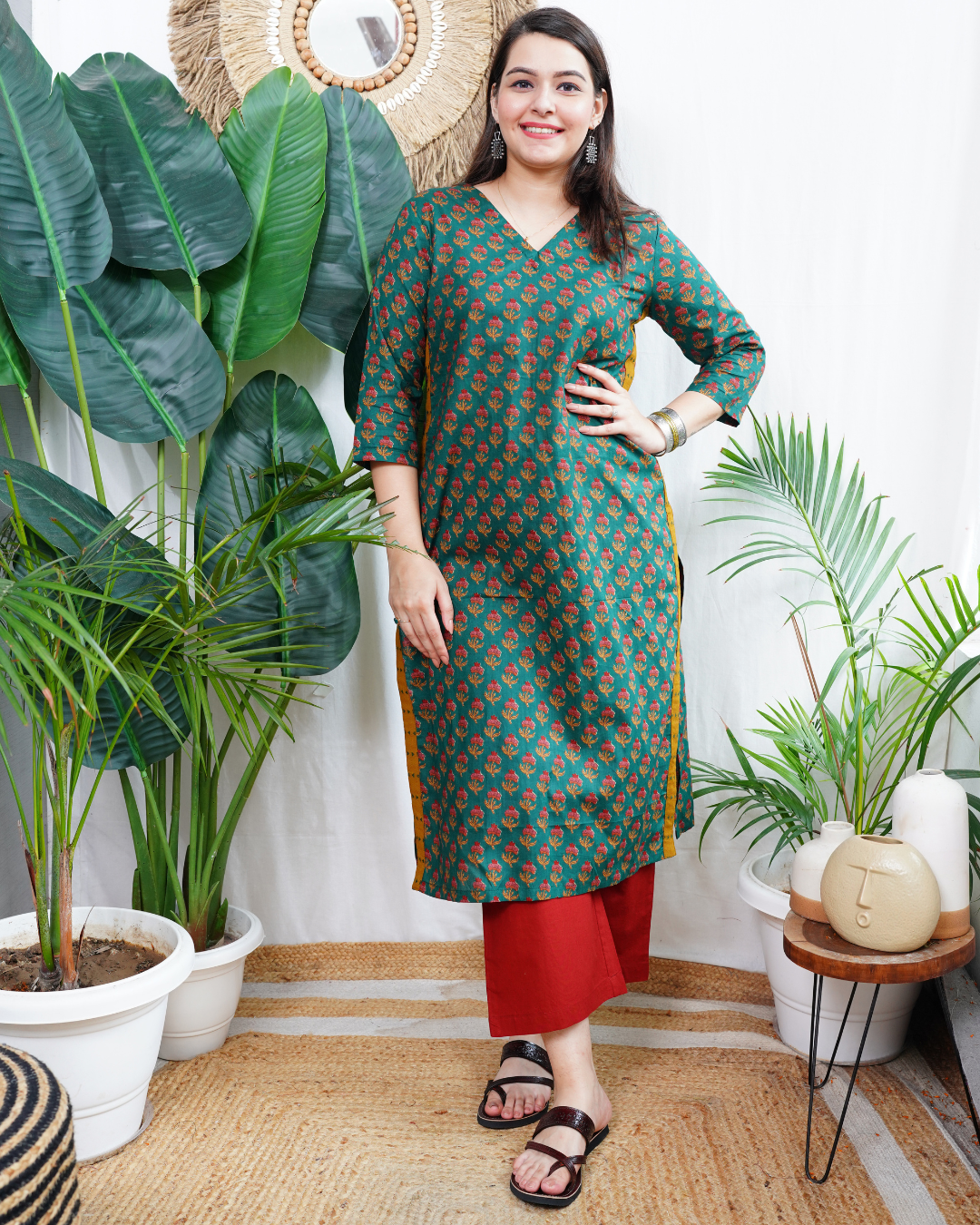 Bottle green Sanganeri kurta duppata set