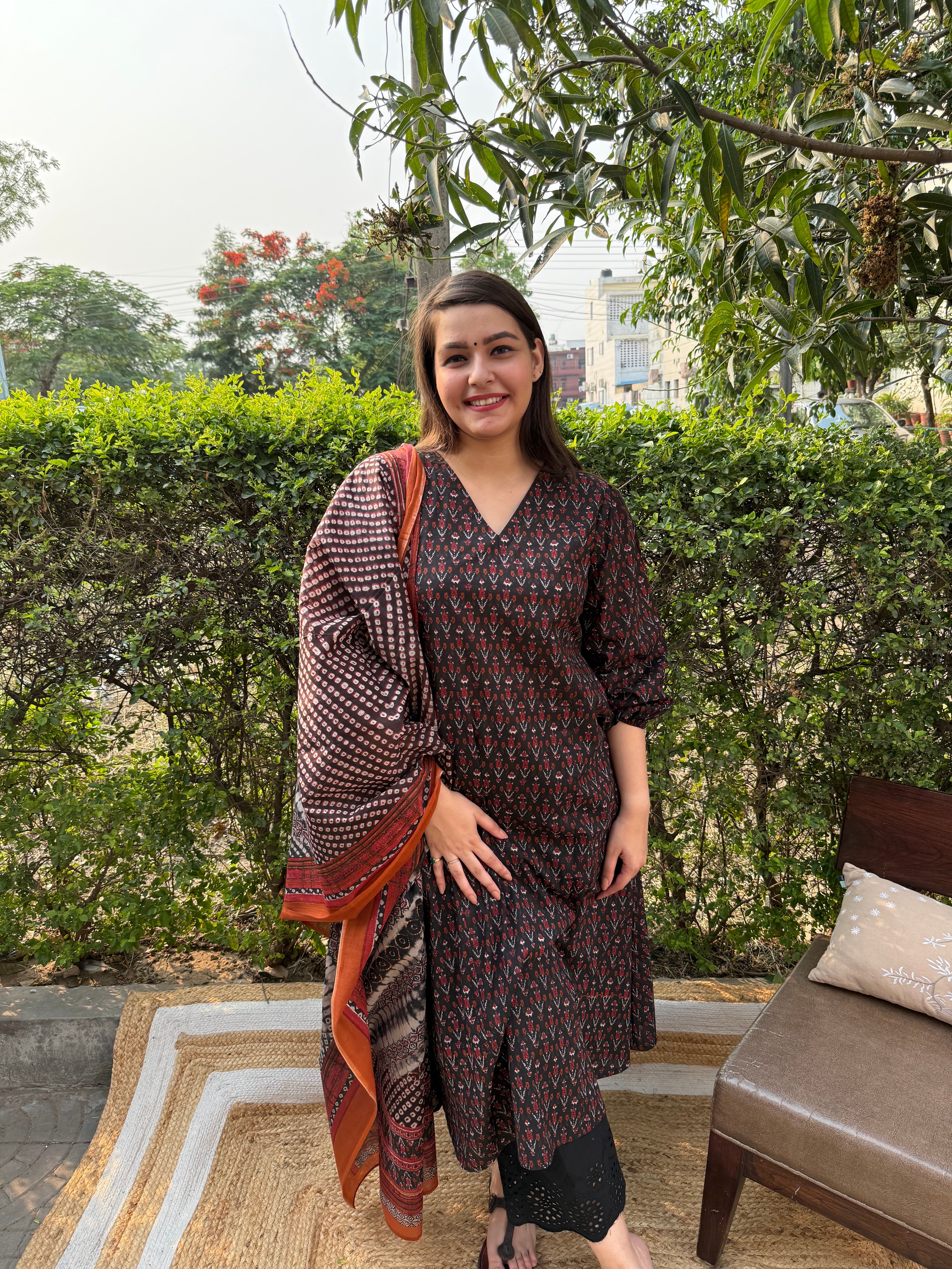 Black sanganeri A-line kurta duppata set