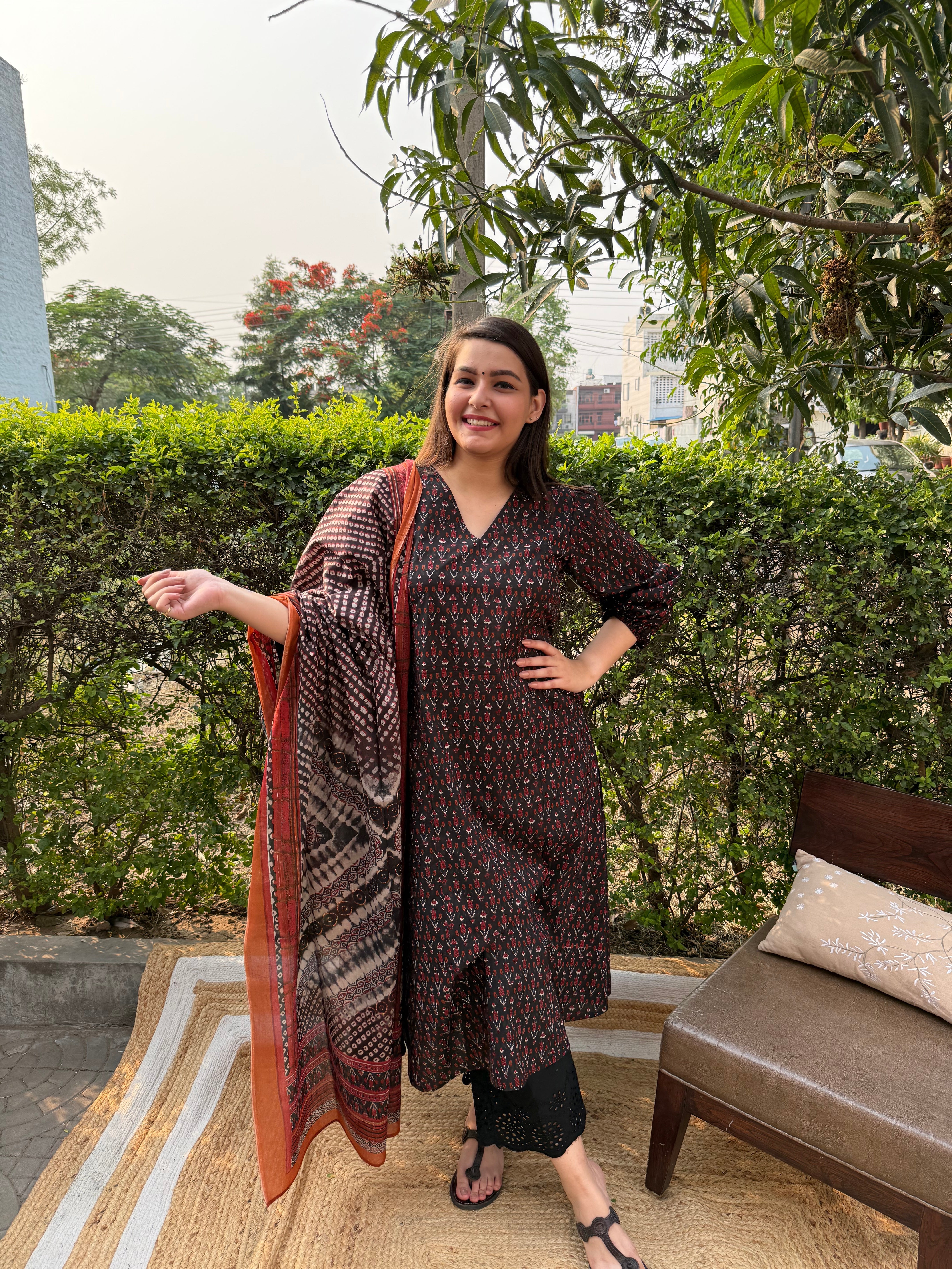 Black sanganeri A-line kurta duppata set