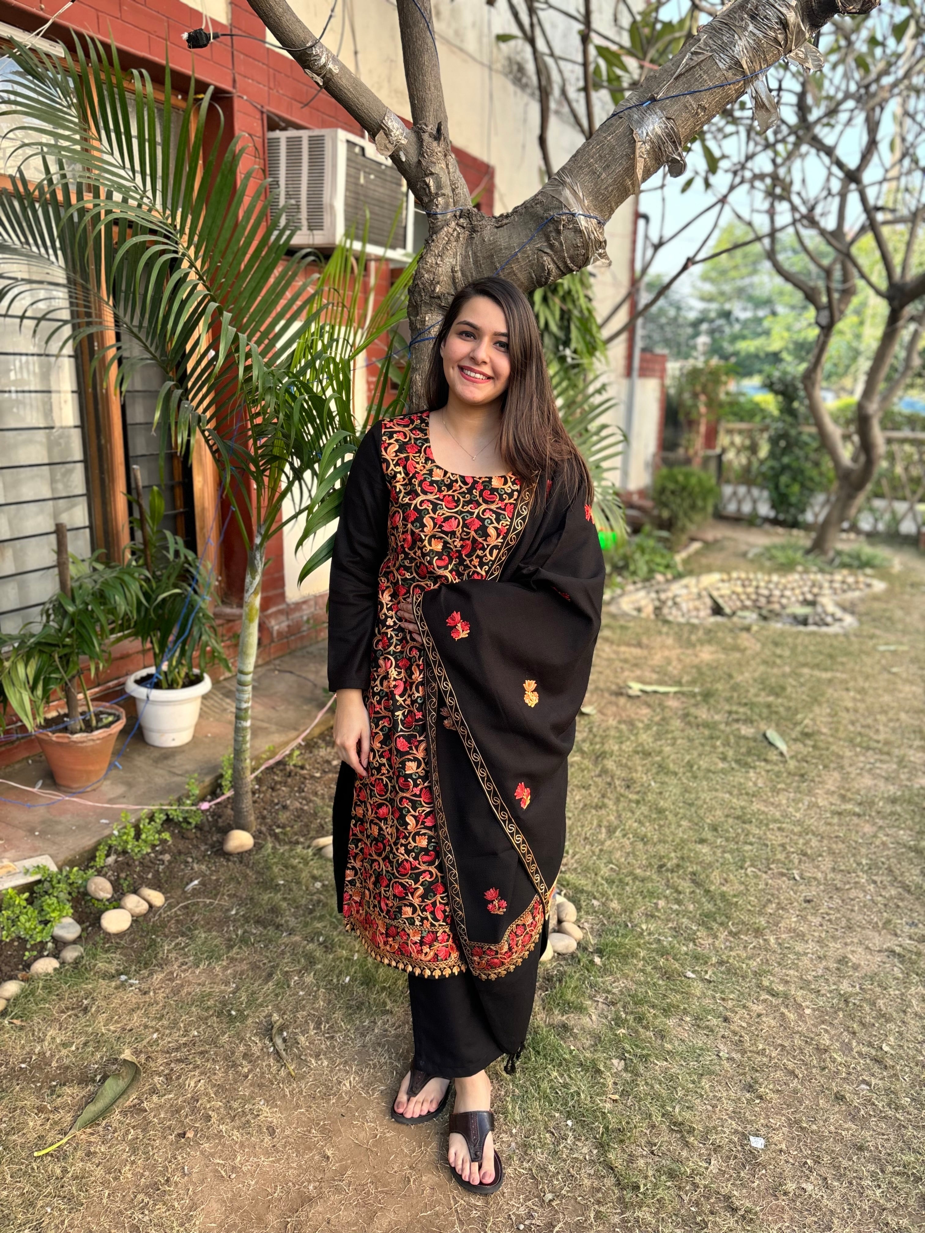 Black embroidered woollen suit set