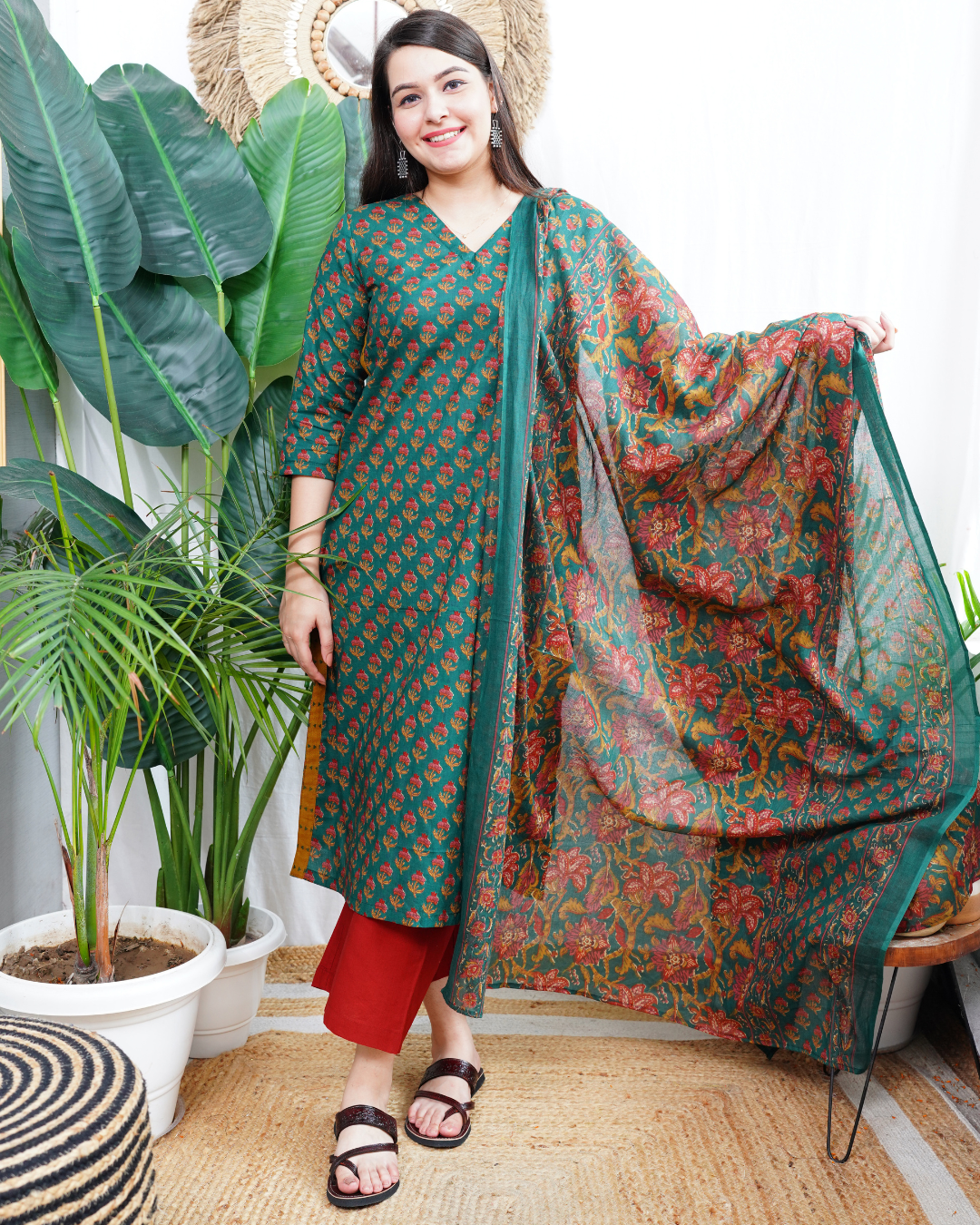 Bottle green Sanganeri kurta duppata set