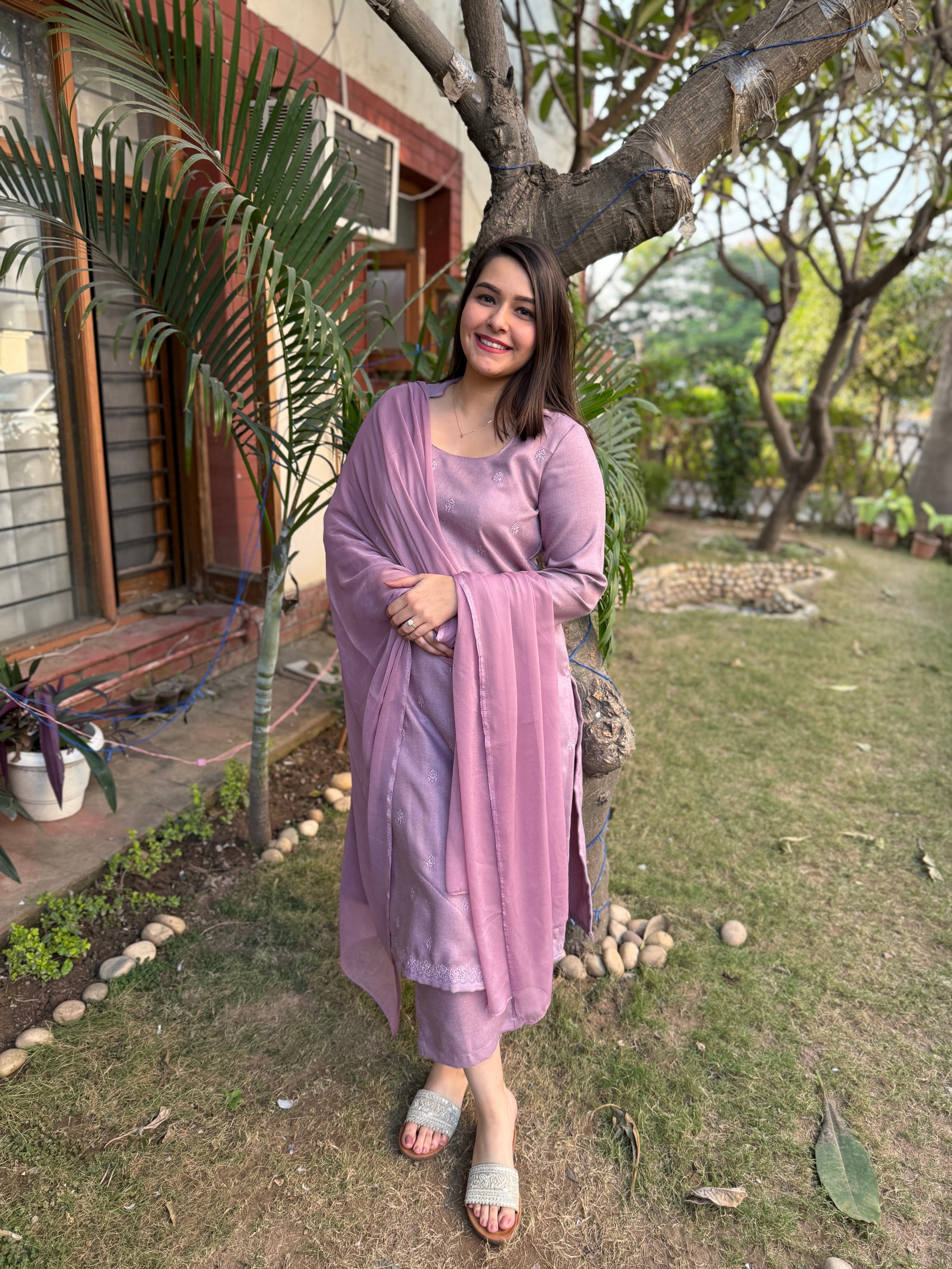 lavender embroidered woollen suit set