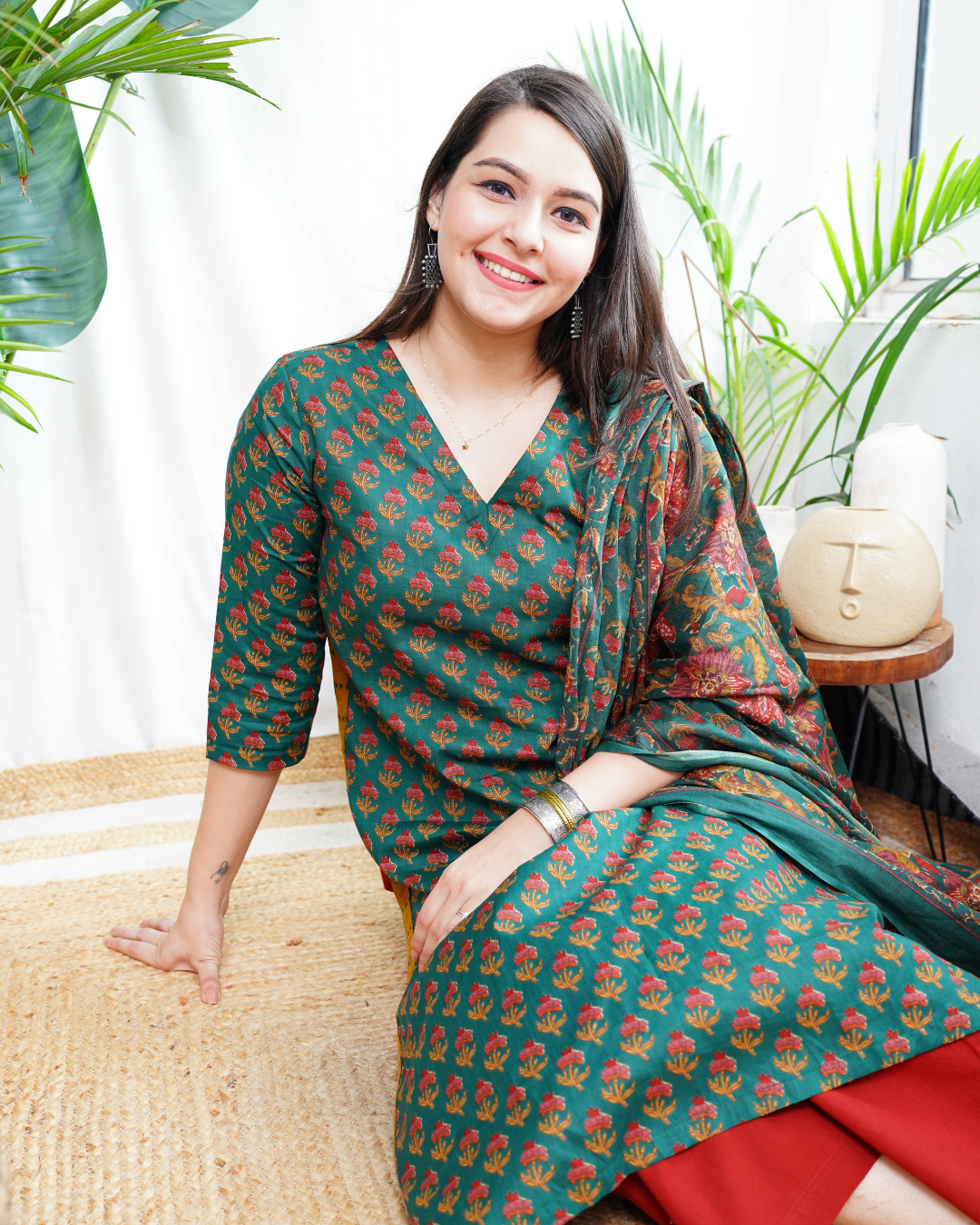 Bottle green Sanganeri kurta duppata set
