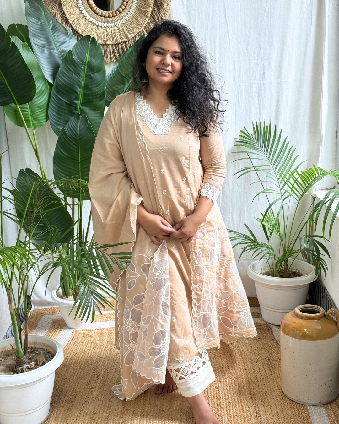 Beige Embroidered Kurta with Mulmul Patchwork Dupatta