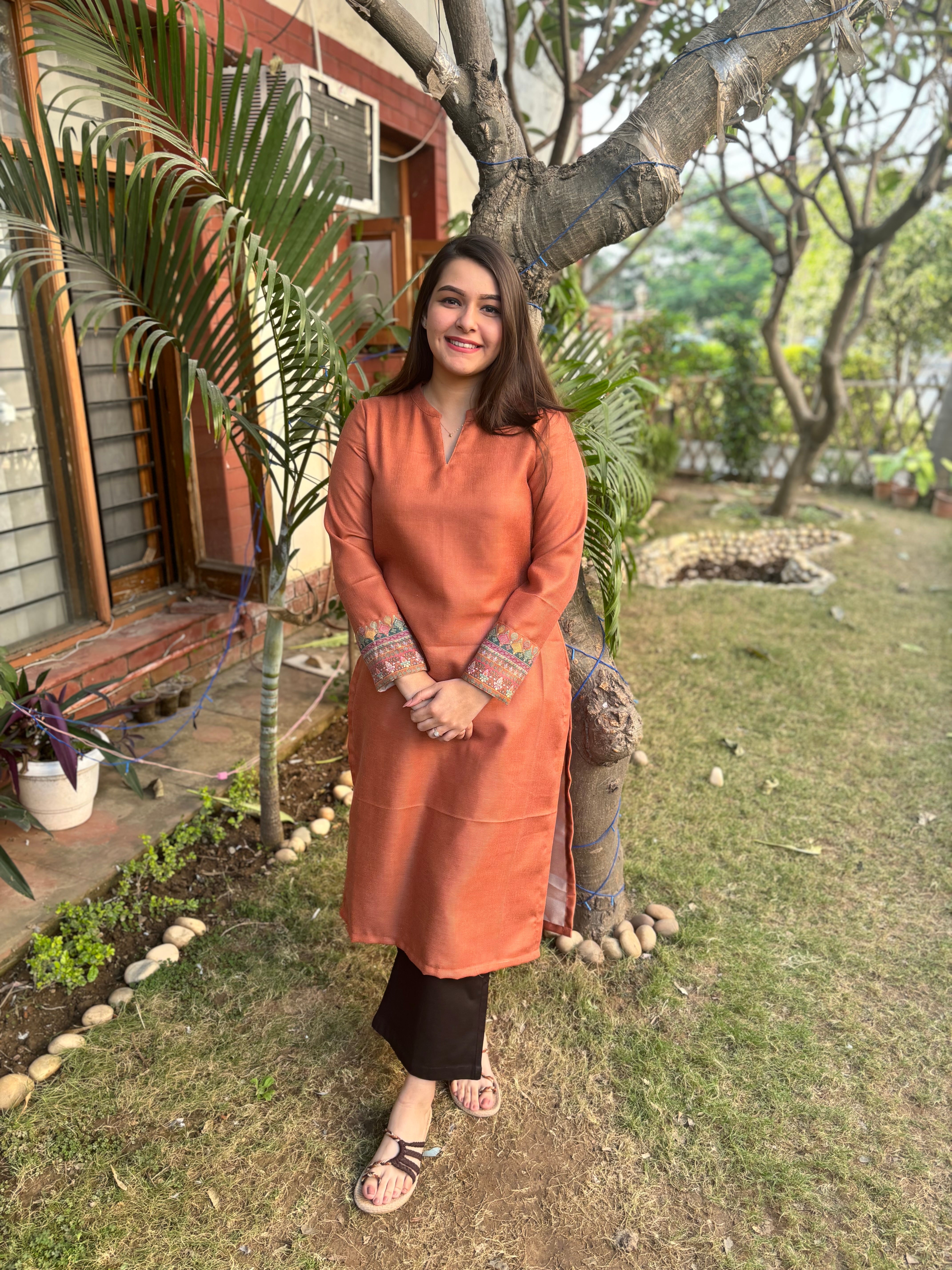 Rust border woollen kurta