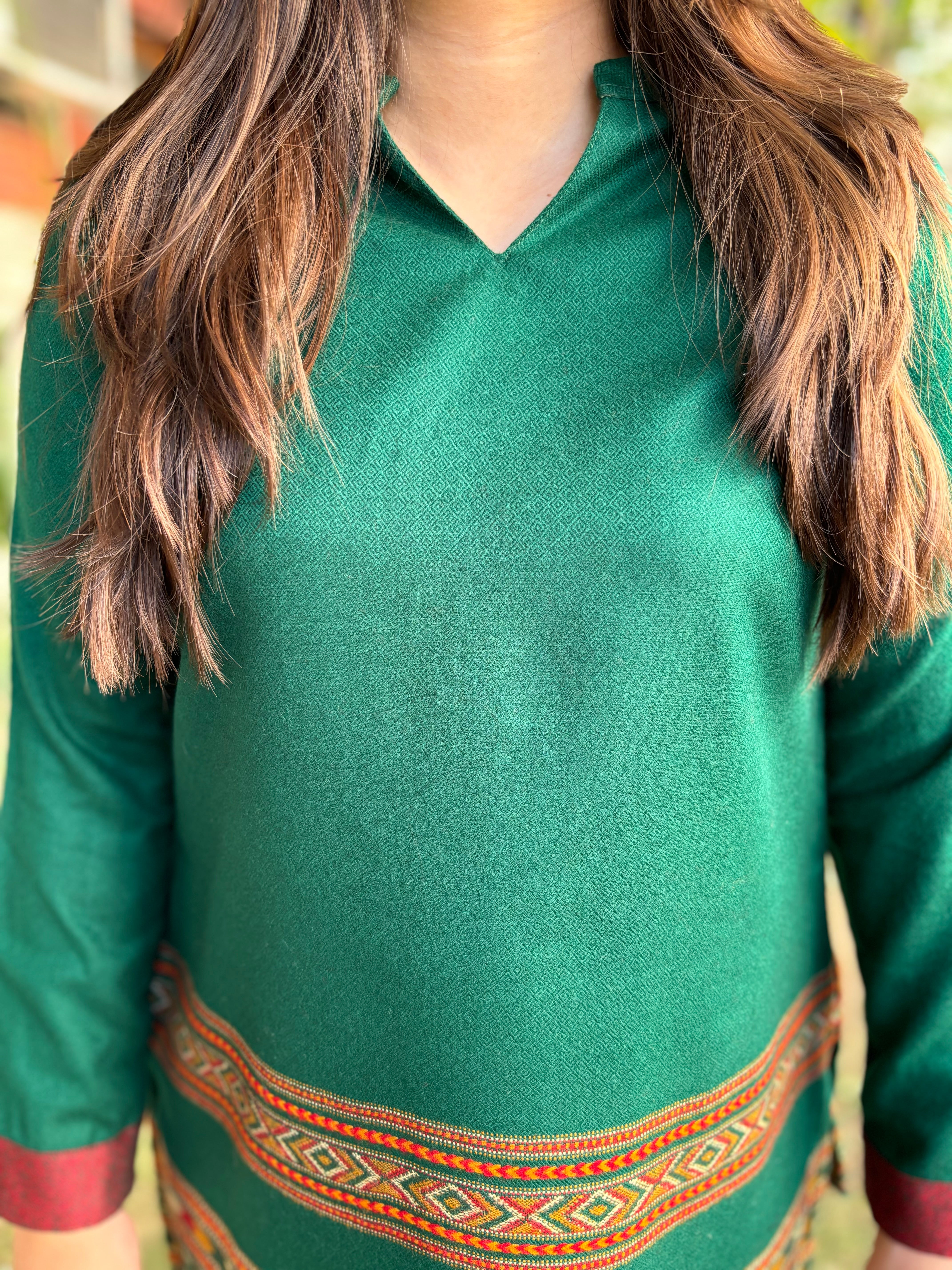 Green Kullu border woollen short kurti