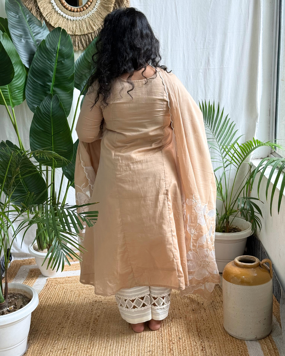 Beige Embroidered Kurta with Mulmul Patchwork Dupatta