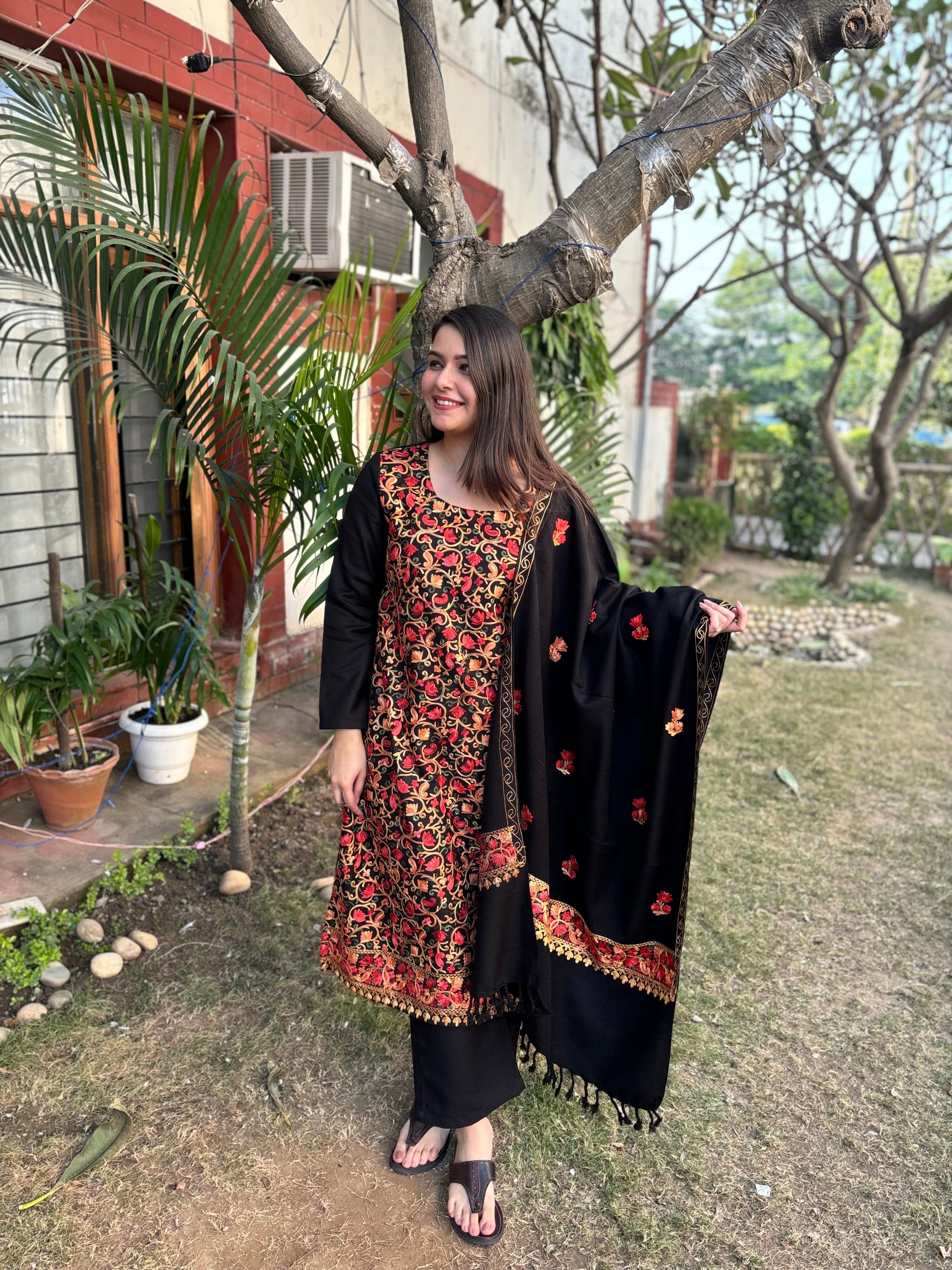 Black embroidered woollen suit set