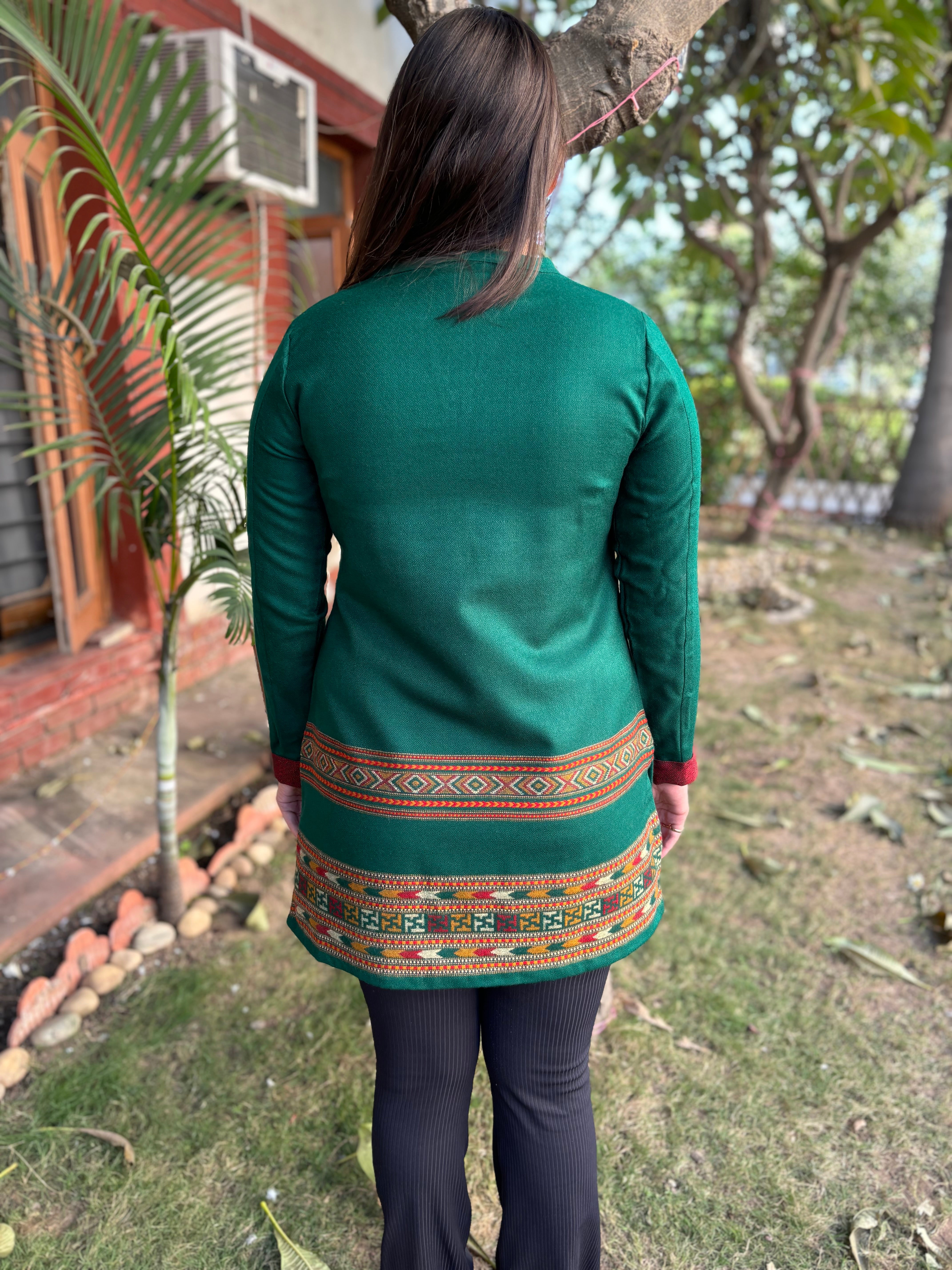 Green Kullu border woollen short kurti