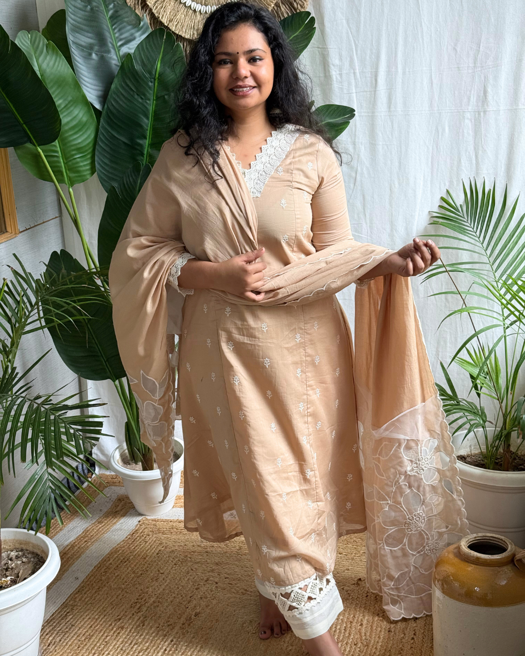 Beige Embroidered Kurta with Mulmul Patchwork Dupatta