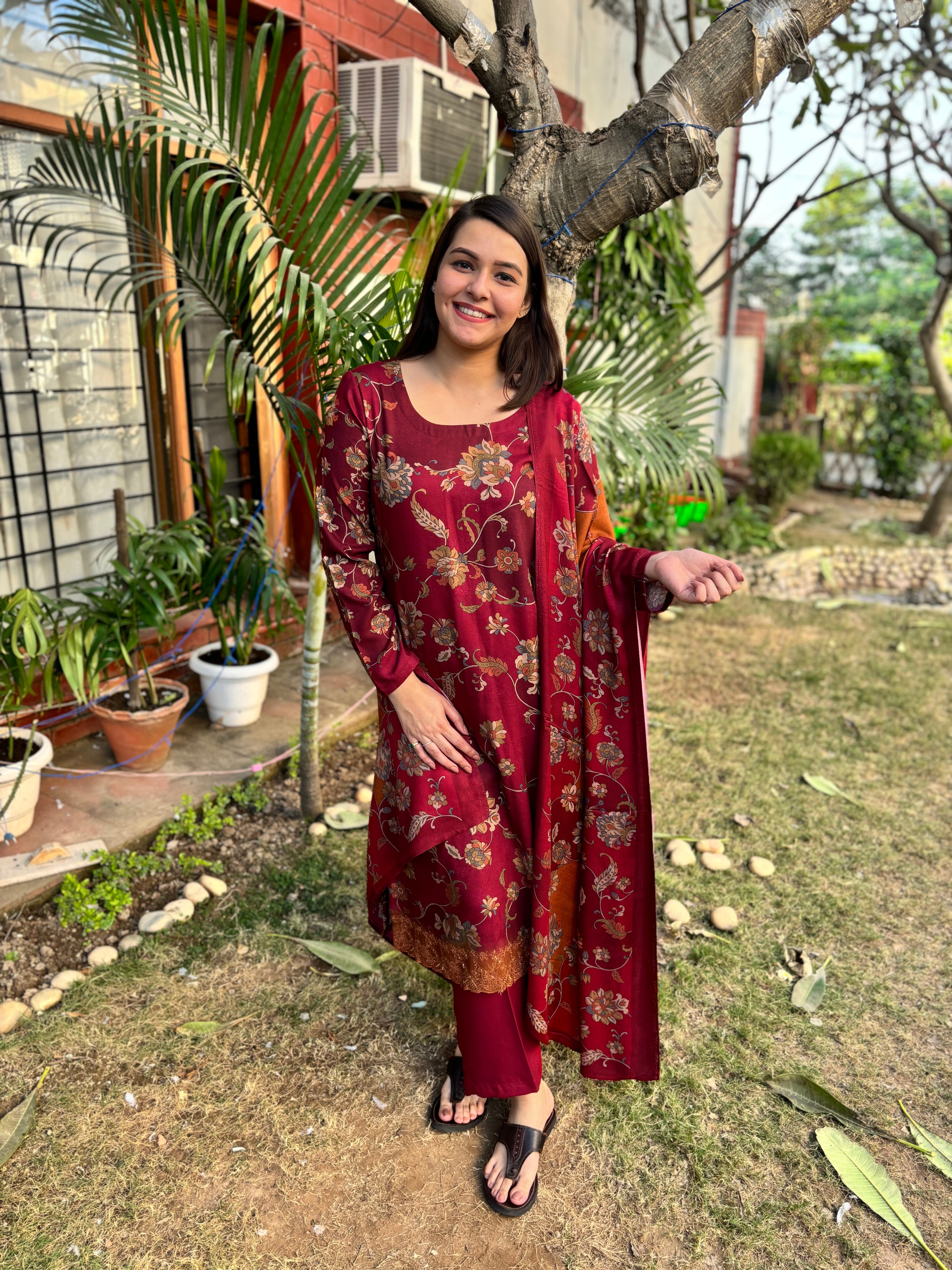 Maroon Floral Spun suit set