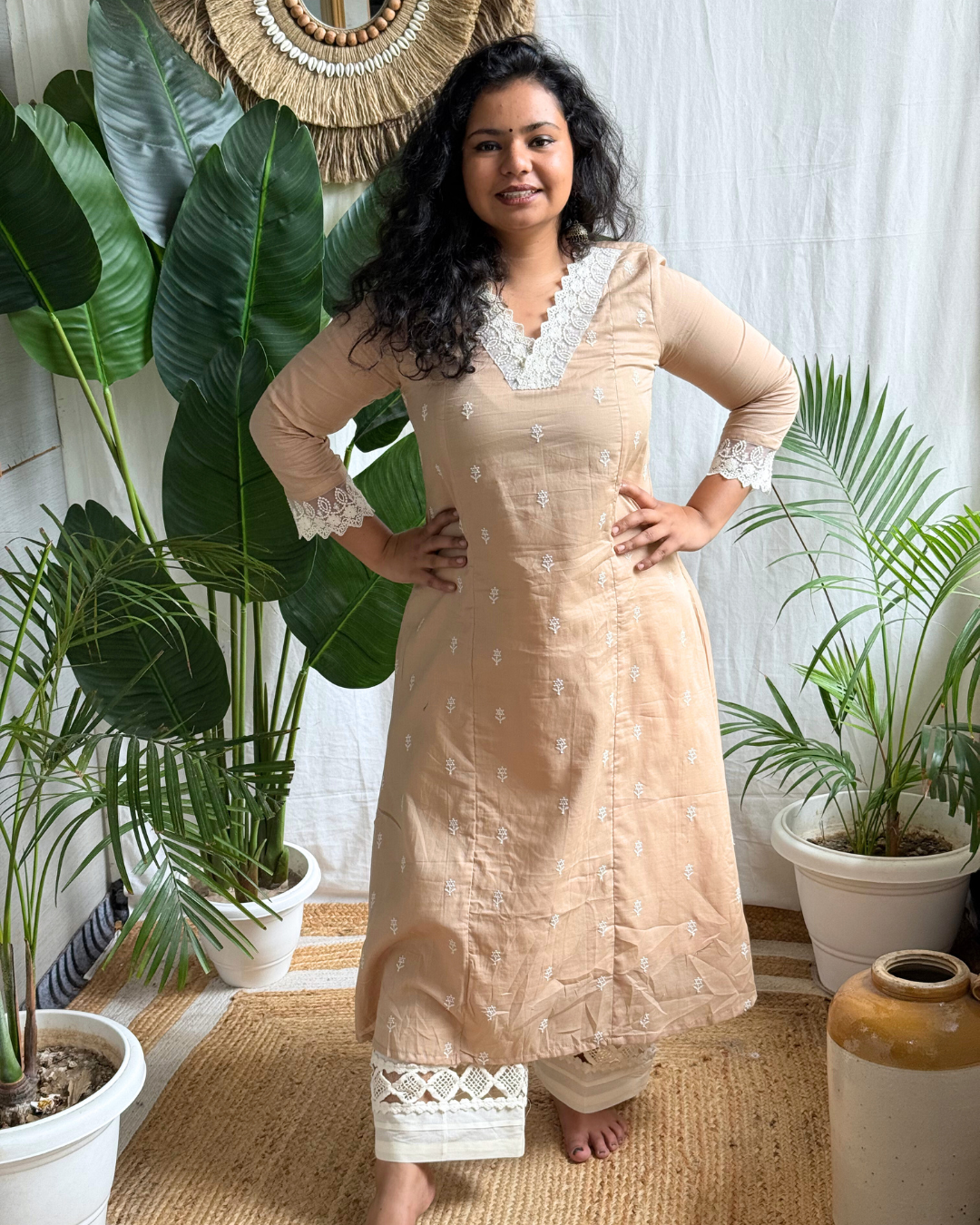 Beige Embroidered Kurta with Mulmul Patchwork Dupatta