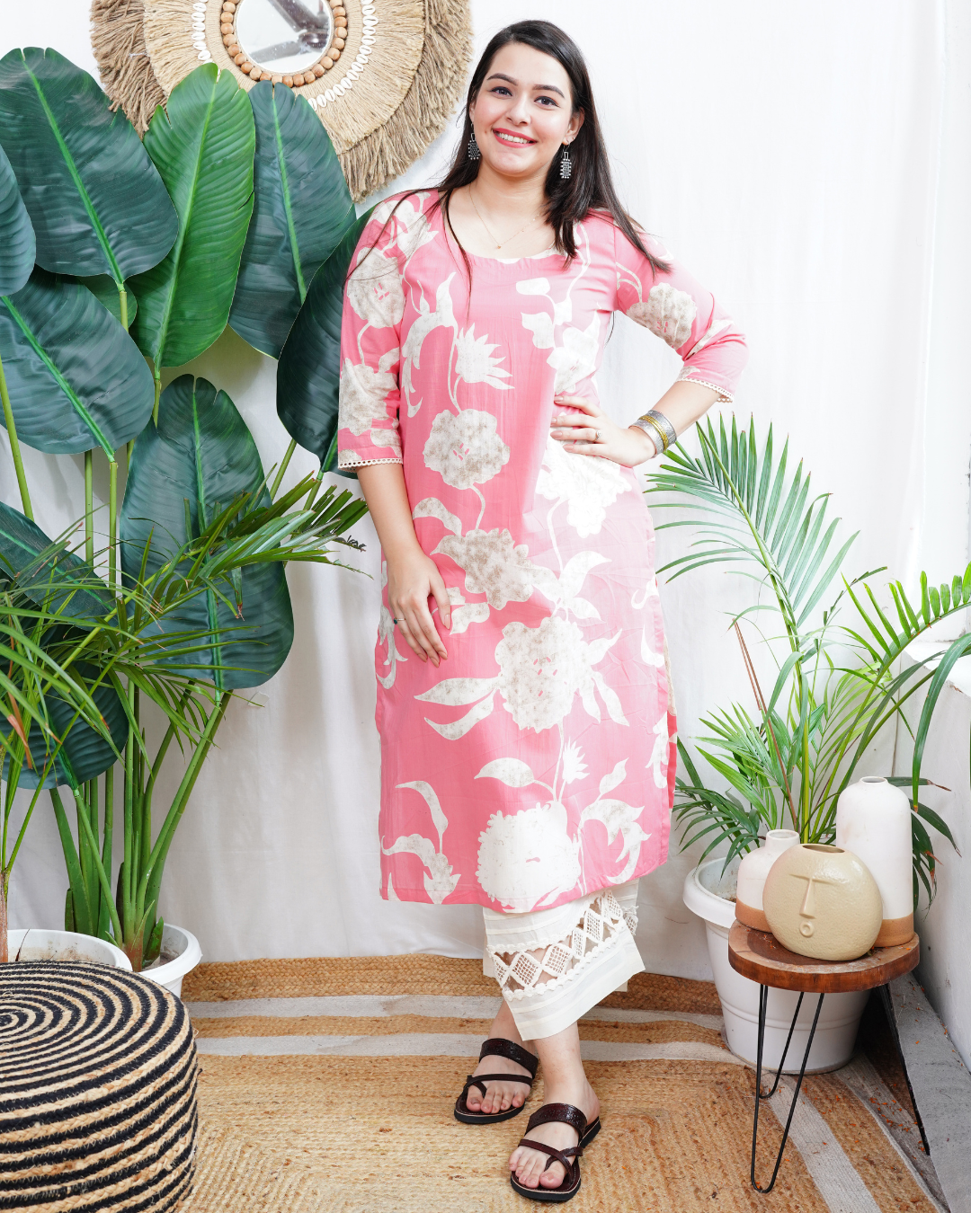Pink flower kurta duppata set