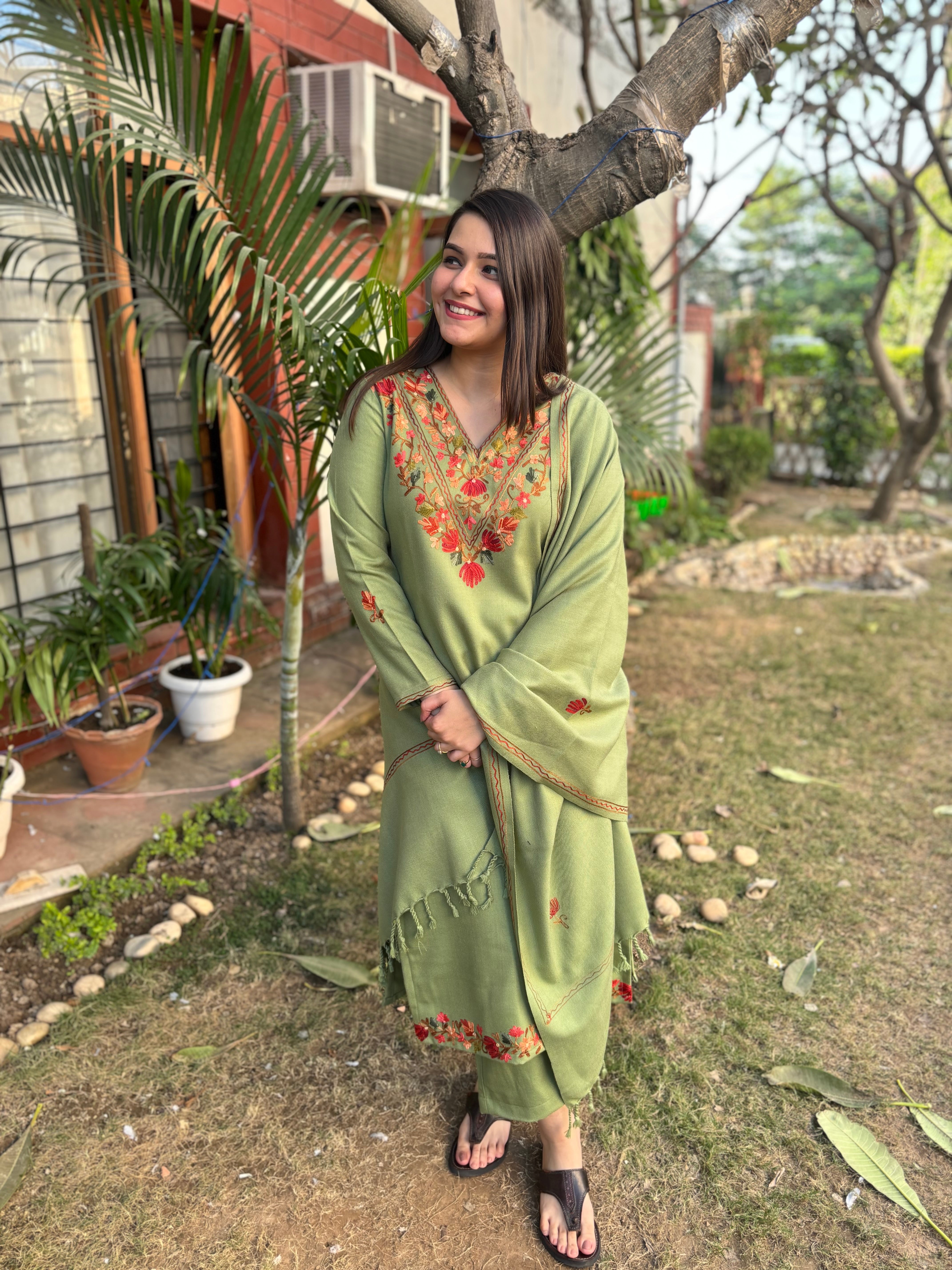 Pista green embroidered woollen suit set