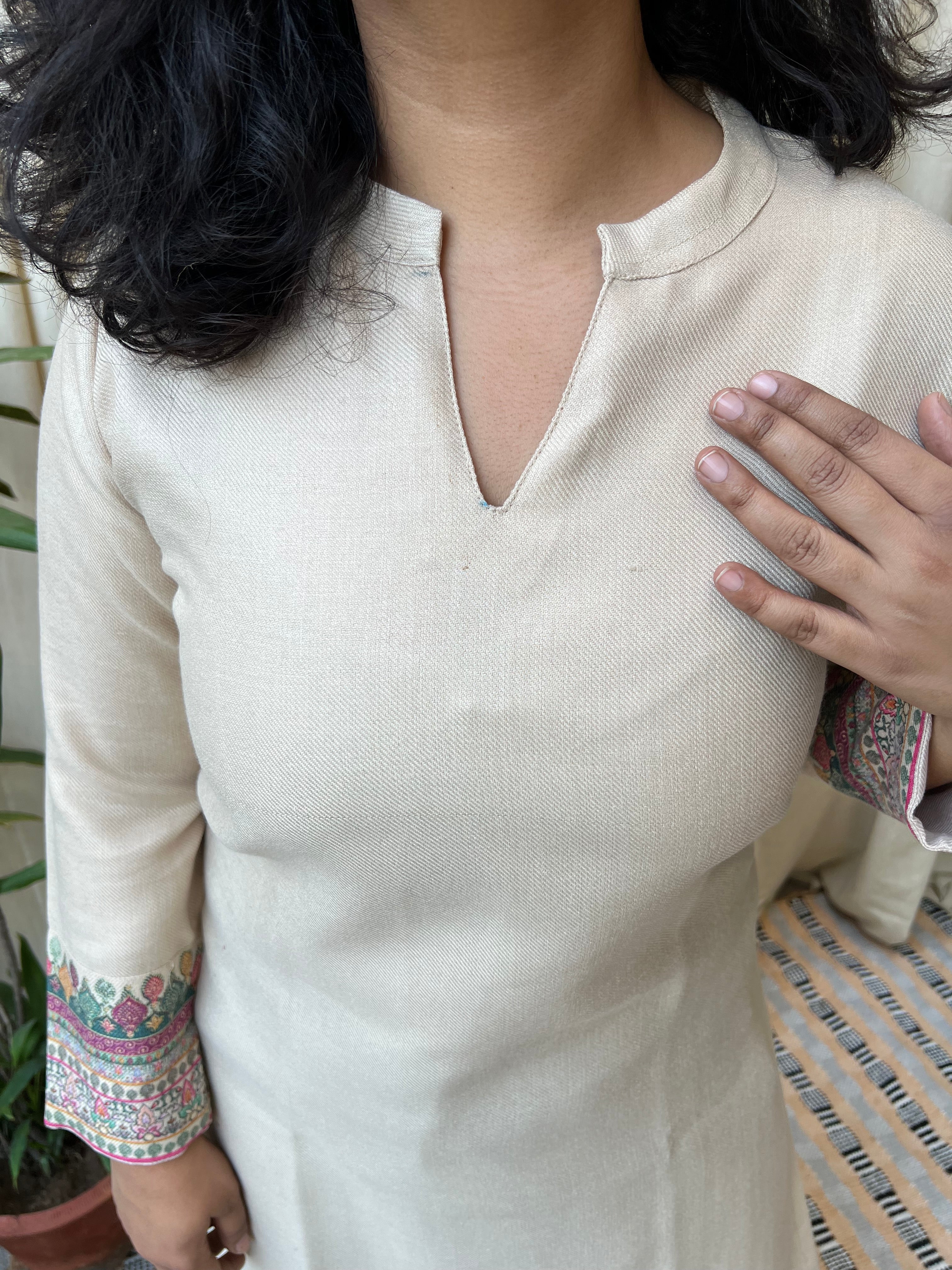 Cream border woollen kurta