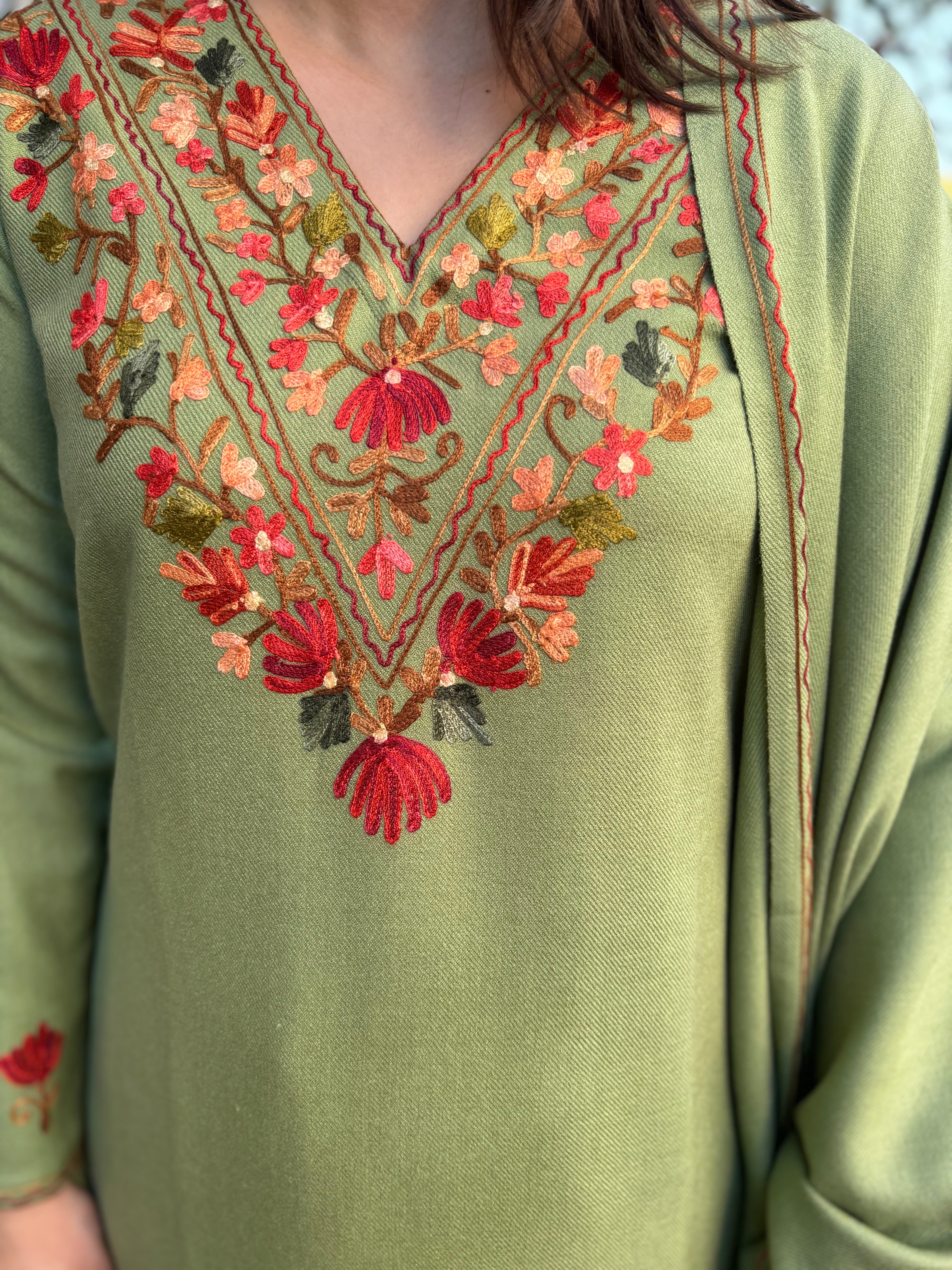 Pista green embroidered woollen suit set