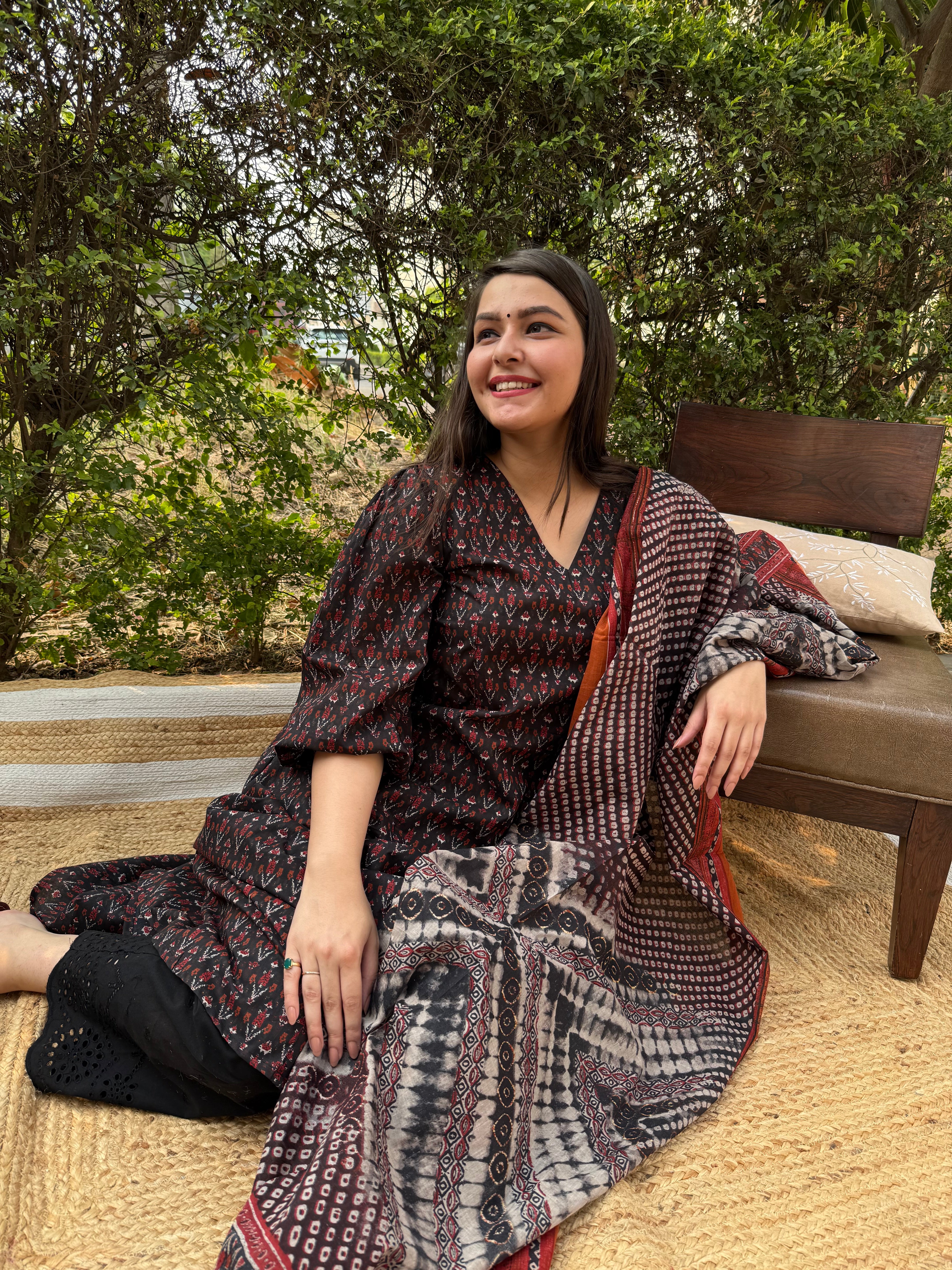 Black sanganeri A-line kurta duppata set