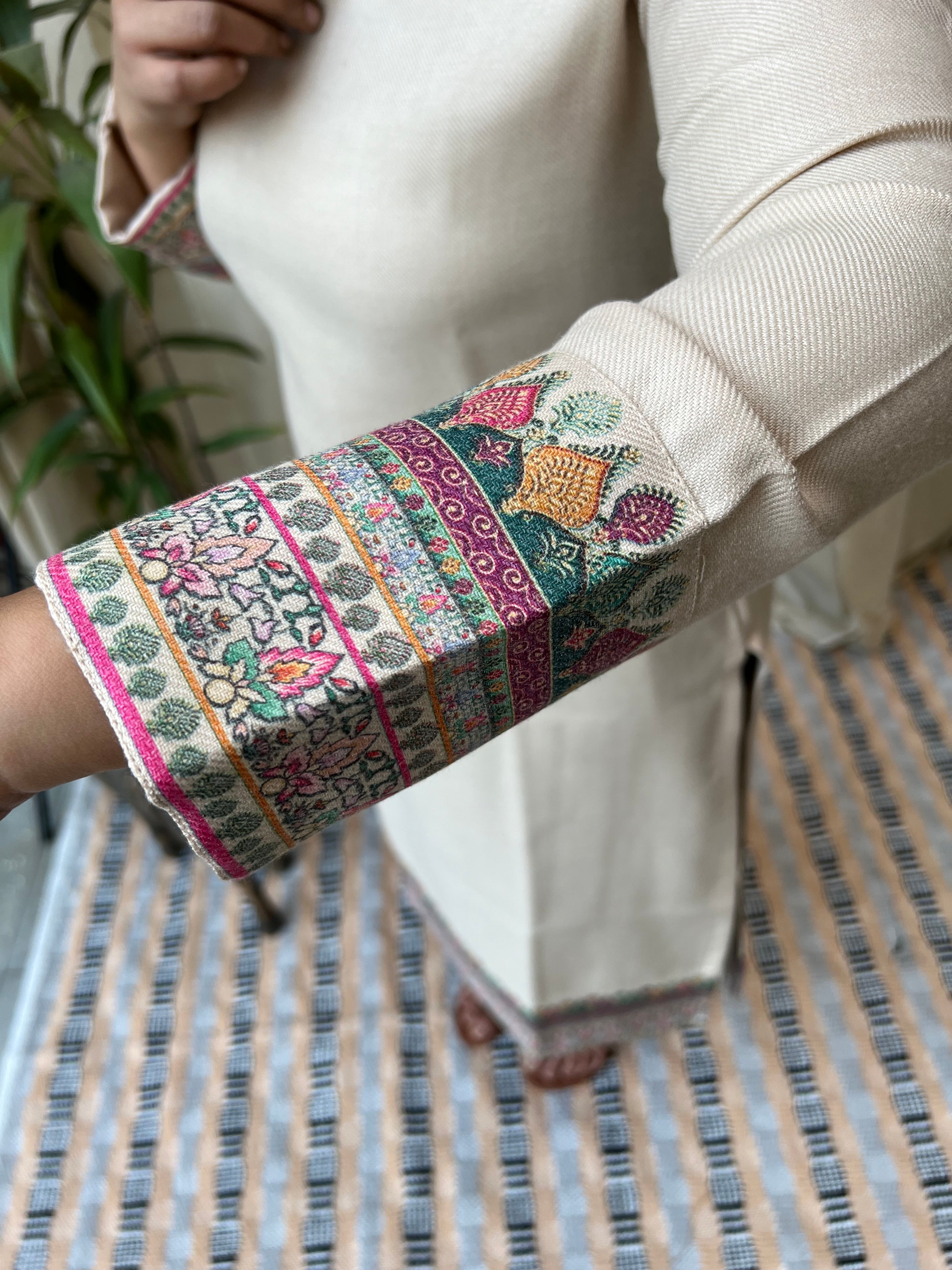 Cream border woollen kurta