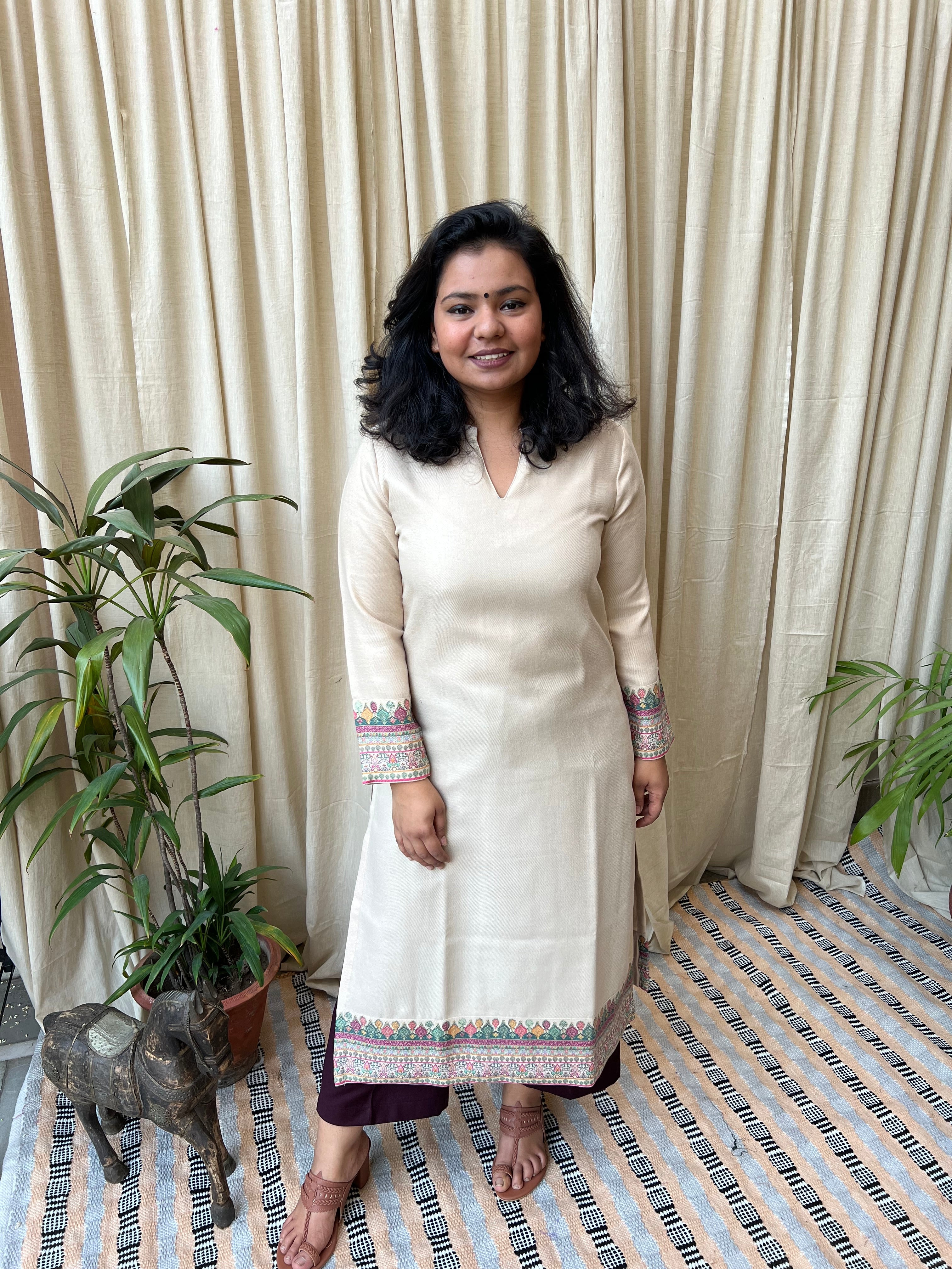 Cream border woollen kurta