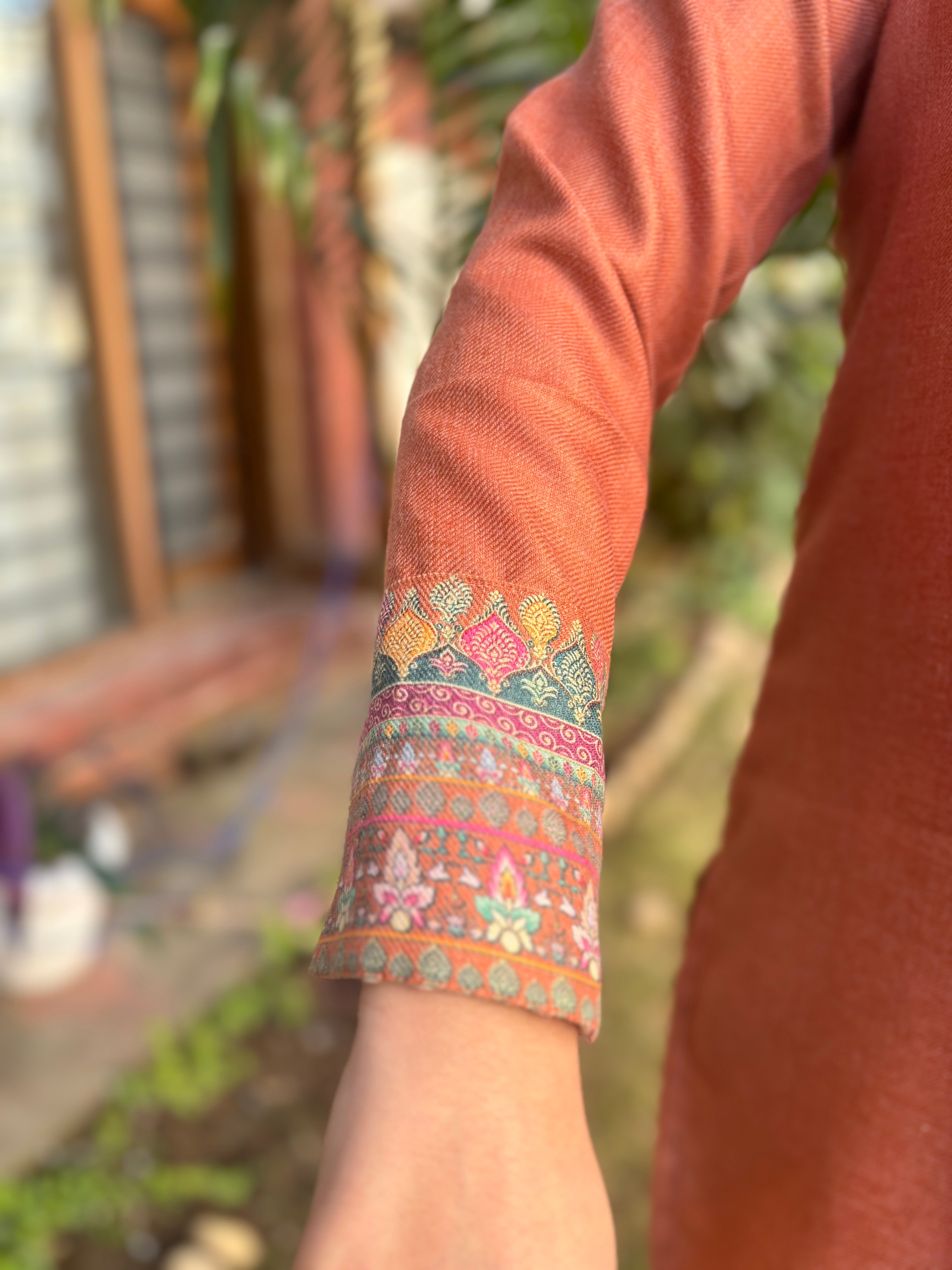 Rust border woollen kurta